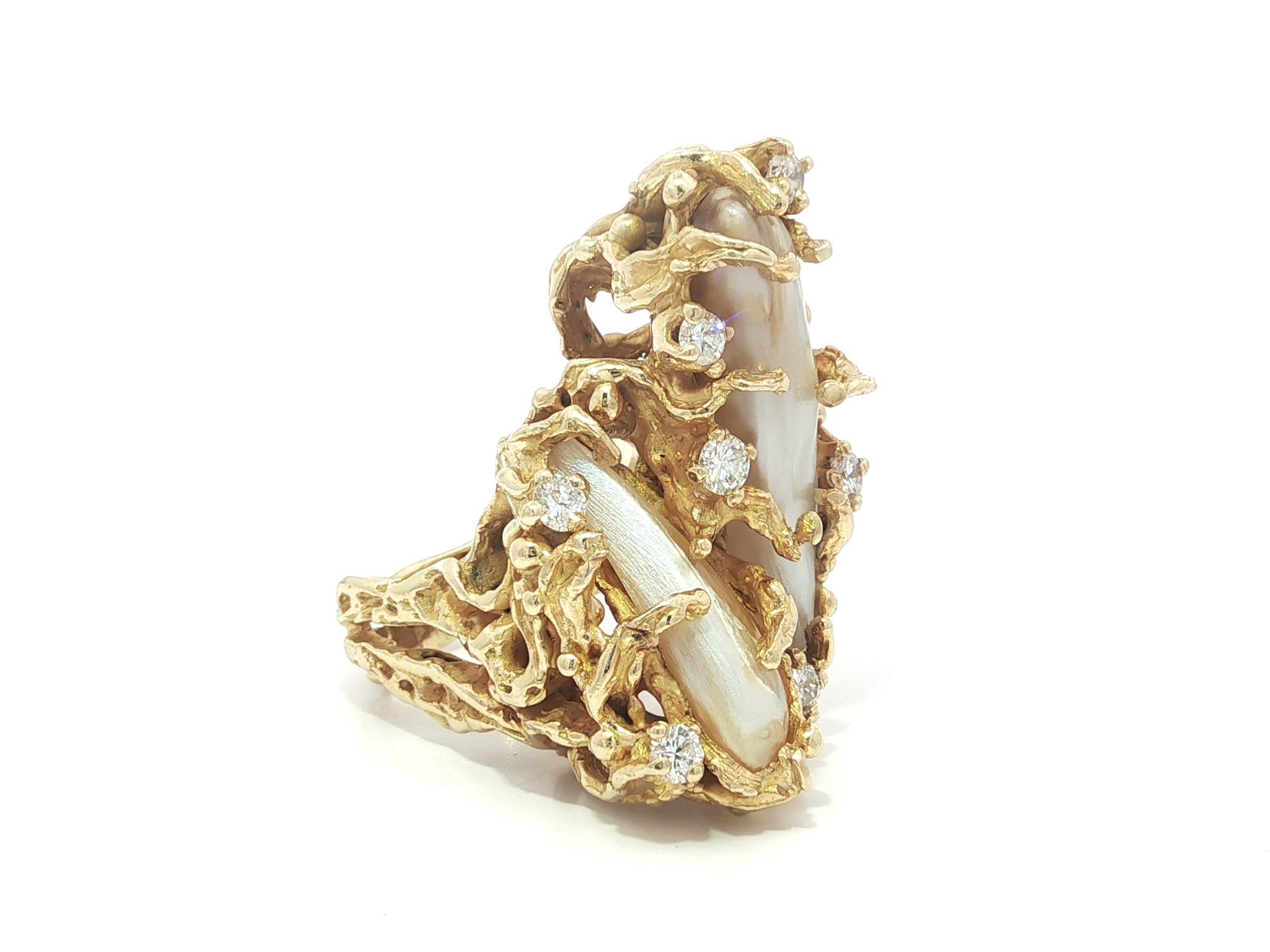 Brilliant Cut Vintage Handmade 14k Yellow Gold Baroque Pearl Diamond Freeform Twig Nugget Ring For Sale