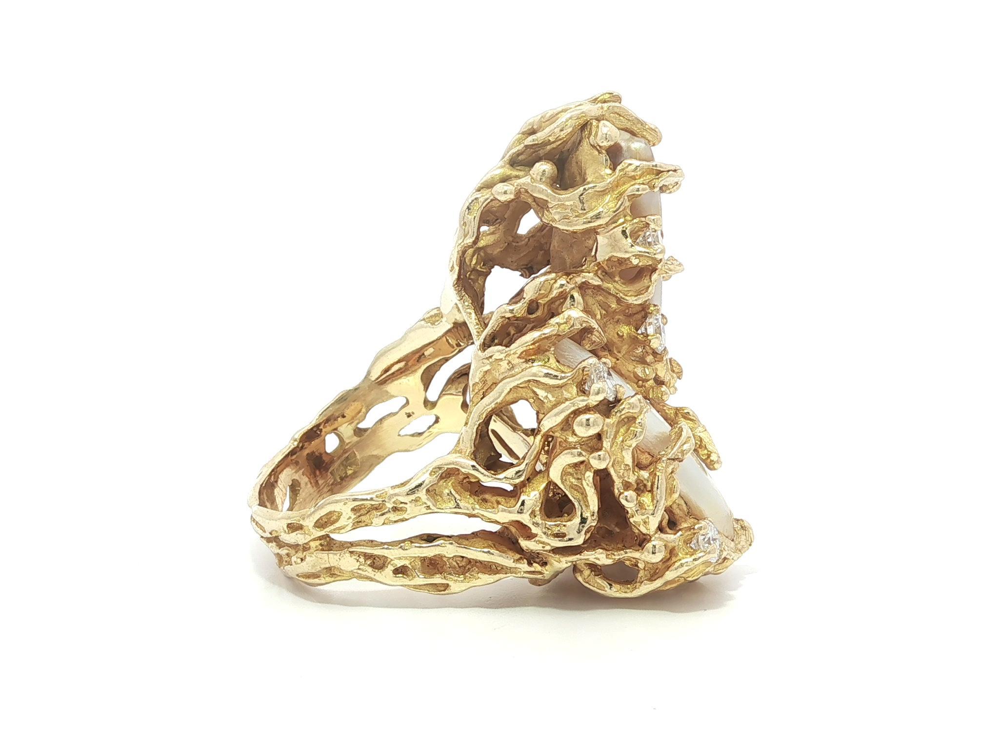 Vintage Handmade 14k Yellow Gold Baroque Pearl Diamond Freeform Twig Nugget Ring In Good Condition For Sale In Montclair, NJ