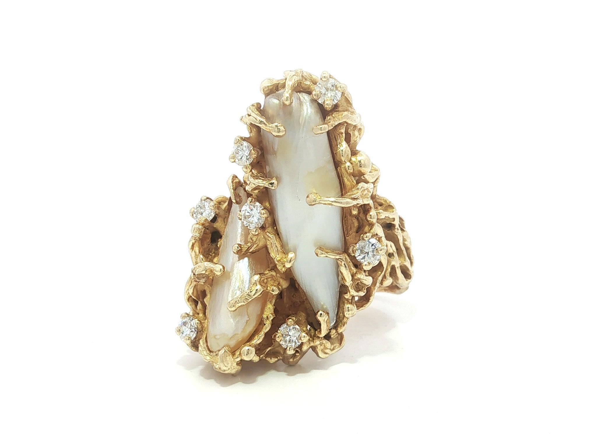 Women's Vintage Handmade 14k Yellow Gold Baroque Pearl Diamond Freeform Twig Nugget Ring For Sale