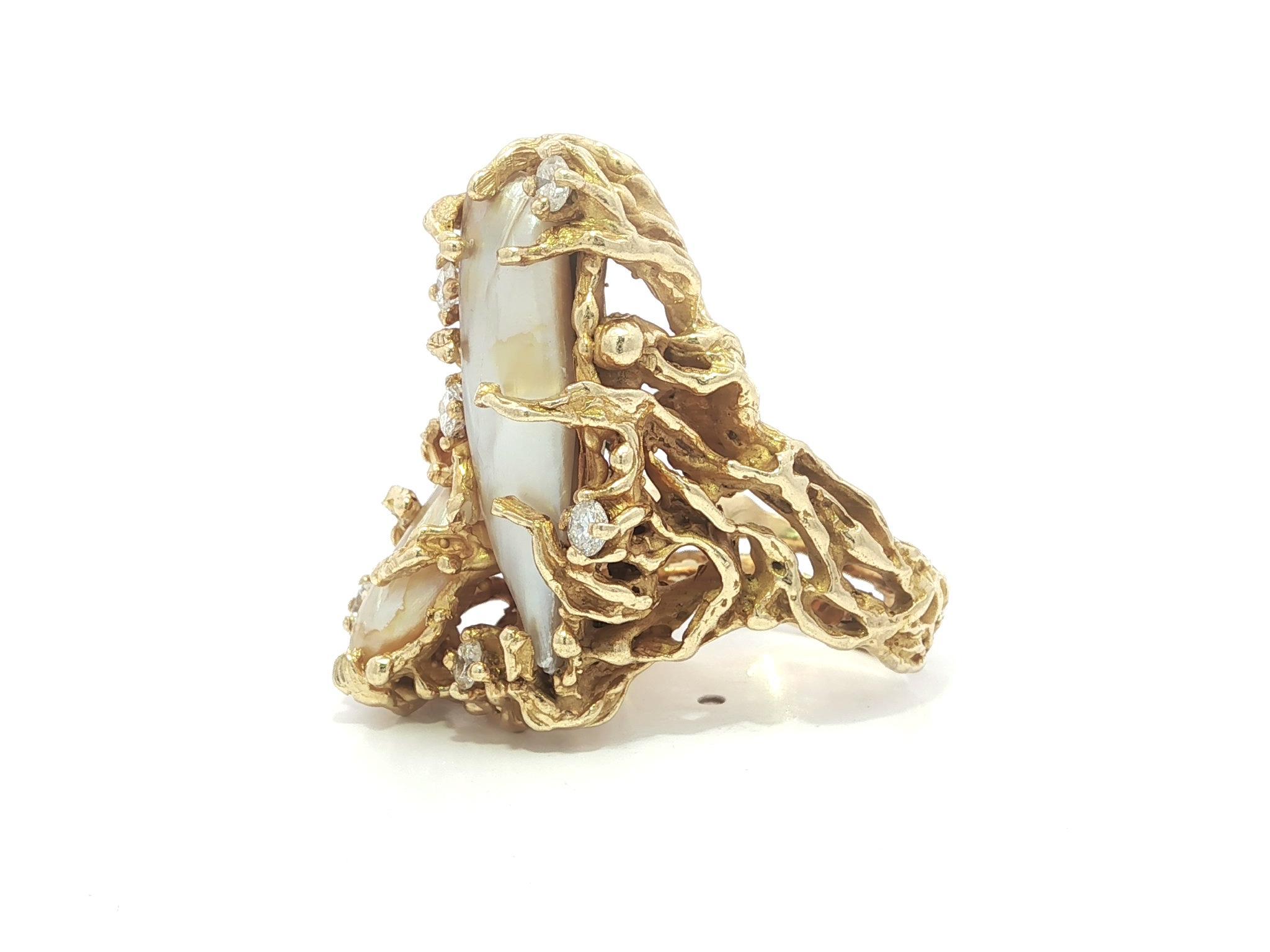 Vintage Handmade 14k Yellow Gold Baroque Pearl Diamond Freeform Twig Nugget Ring For Sale 1