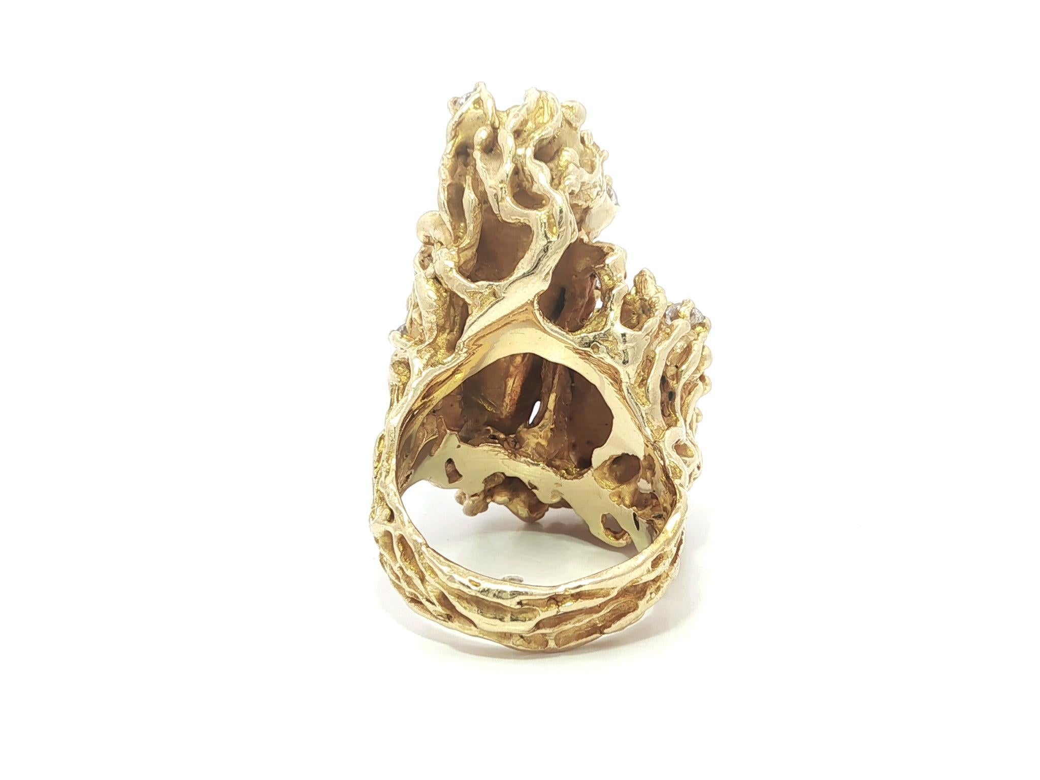 Vintage Handmade 14k Yellow Gold Baroque Pearl Diamond Freeform Twig Nugget Ring For Sale 2