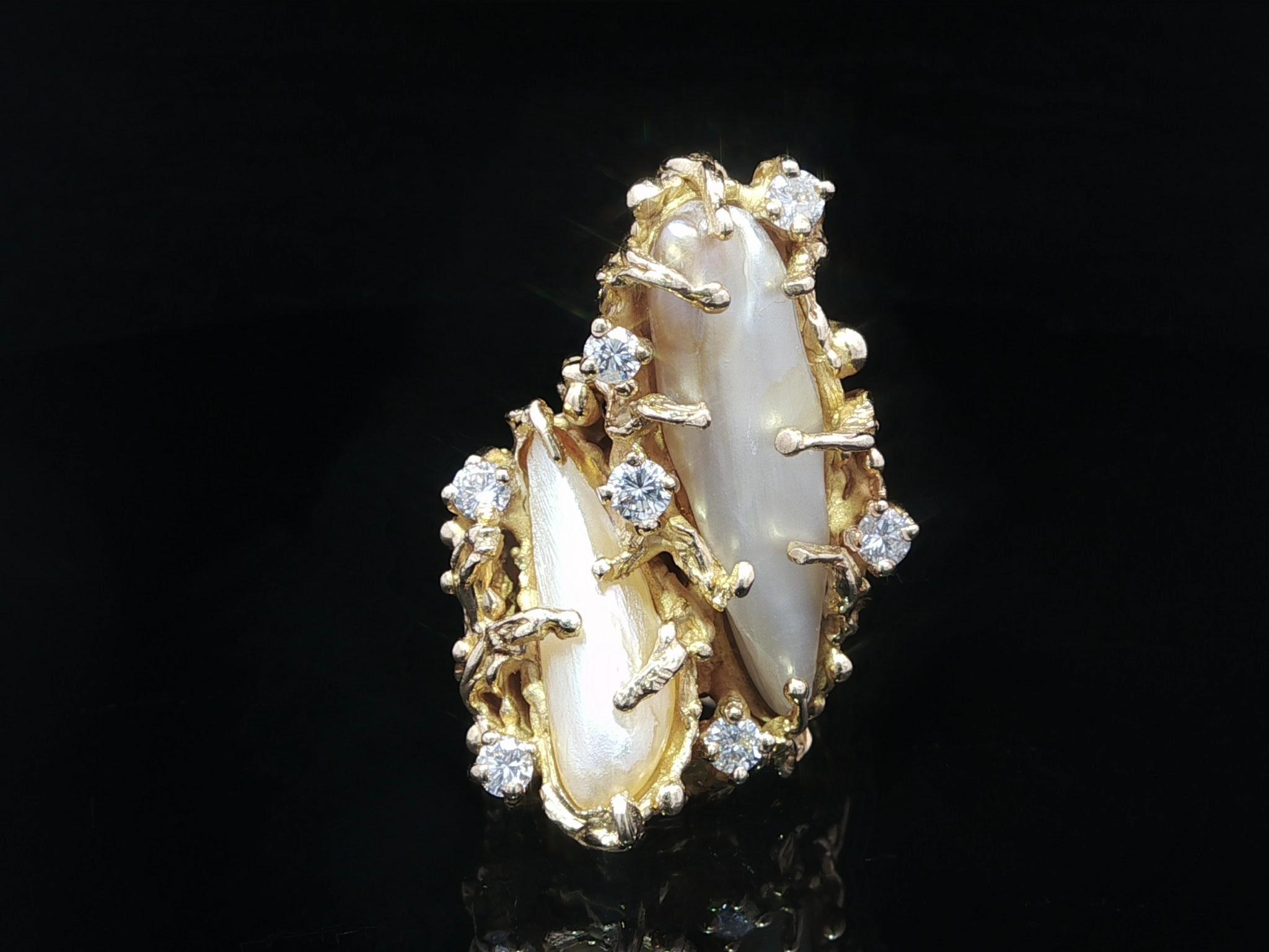 Vintage Handmade 14k Yellow Gold Baroque Pearl Diamond Freeform Twig Nugget Ring For Sale 3