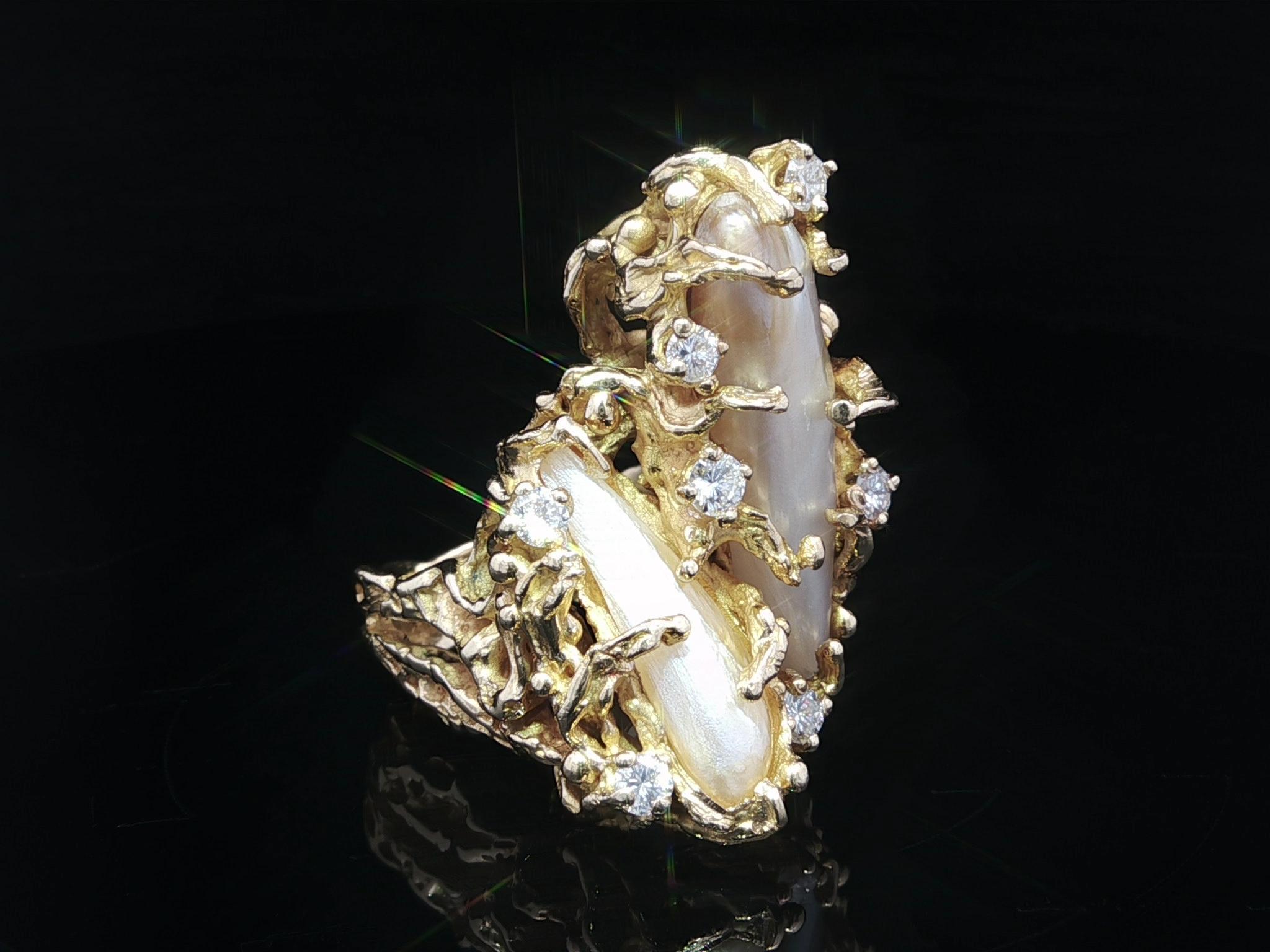 Vintage Handmade 14k Yellow Gold Baroque Pearl Diamond Freeform Twig Nugget Ring For Sale 4