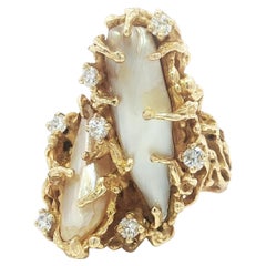 Vintage Handmade 14k Yellow Gold Baroque Pearl Diamond Freeform Twig Nugget Ring