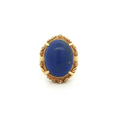 Vintage Handmade 14k Yellow Gold Cabochon Lapis Detailed Filigree Floral Ring