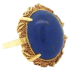 Vintage Handmade 14k Yellow Gold Cabochon Lapis Detailed Filigree Floral Ring