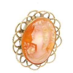 Vintage Handmade 14k Yellow Gold Carved Cameo Open Wire Frame Brooch Pendant