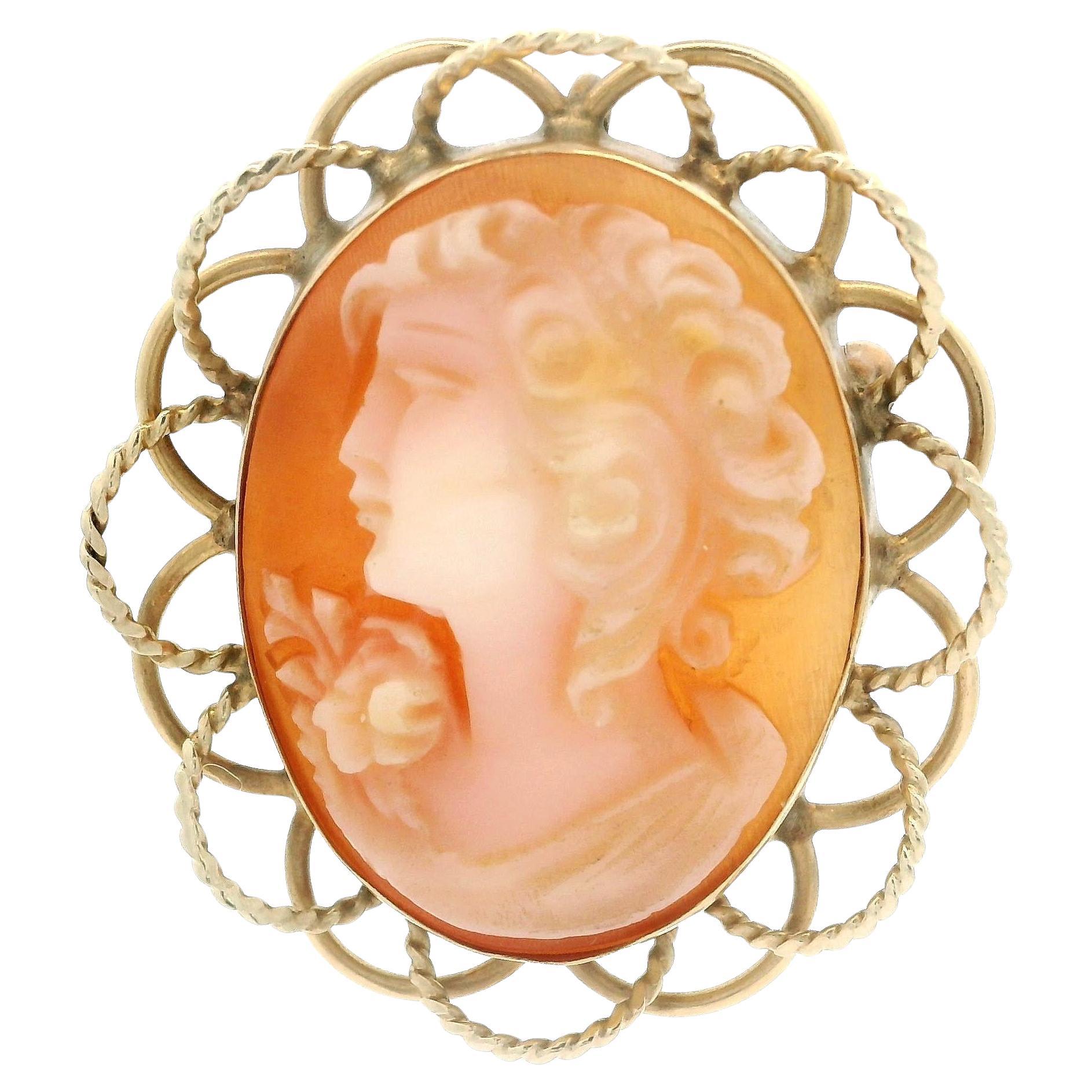 Vintage Handmade 14k Gelbgold geschnitzt Cameo Open Wire Frame Brosche Anhänger