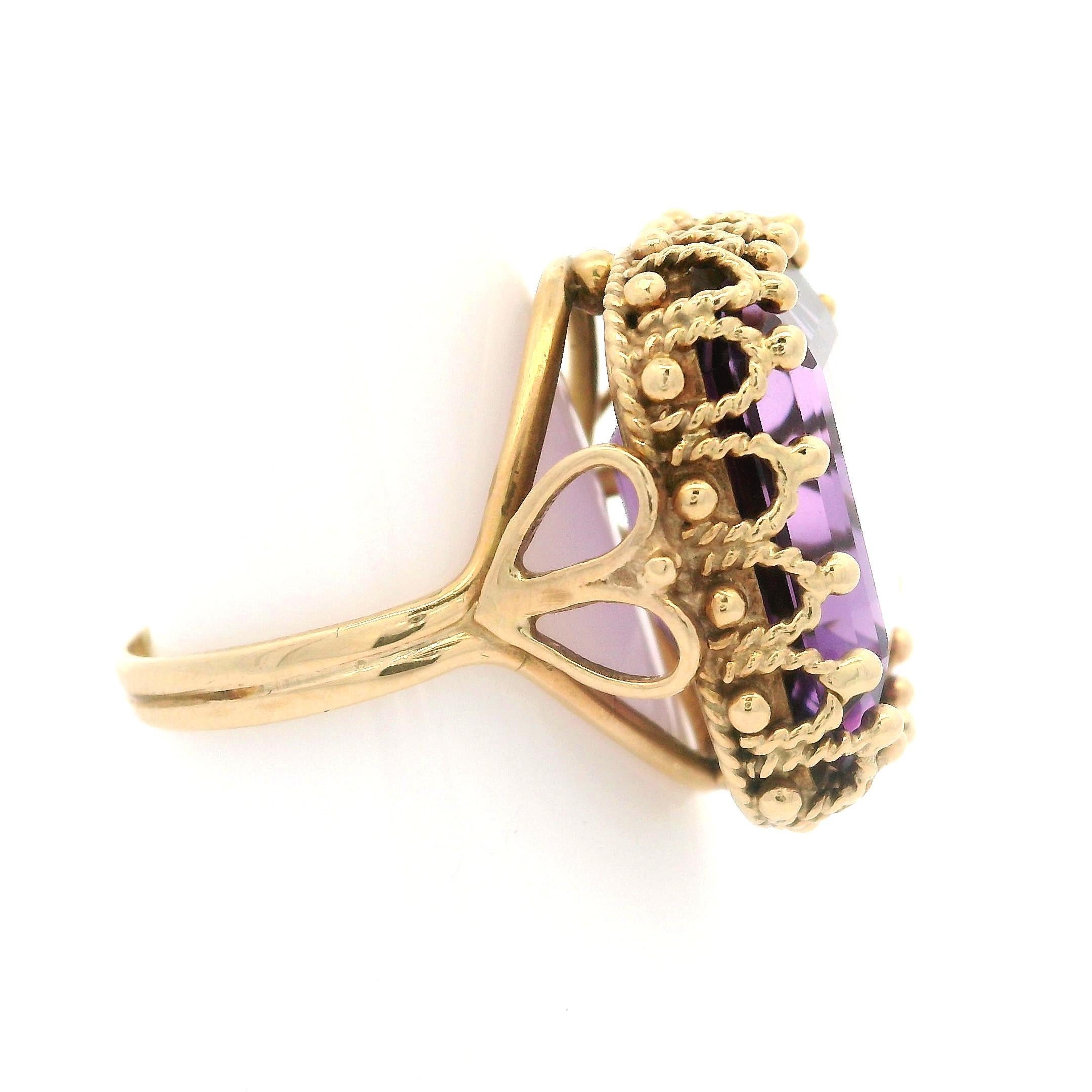 --Stone(s):--
(1) Natural Genuine Amethyst - Rectangular Step Cut - Multi Prong Set - Deep Purple Color - 15.8x14mm - 12ct(approx.)

Material: Solid 14K Yellow Gold 
Weight: 8.45 Grams
Ring Size: 6.0 (Fitted on a finger. We can custom size this
