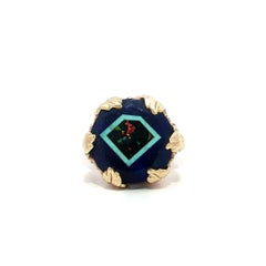 Vintage Handmade 14k Yellow Gold Lapis Turquoise & Black Onyx Mosaic Cable Ring