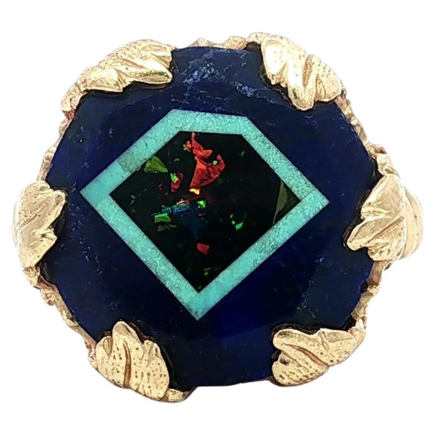 Anello con cavo a mosaico in oro giallo 14k e lapis turchese e onice nero, fatto a mano e d
epoca in vendita