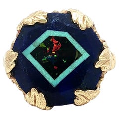 Vintage Handmade 14k Yellow Gold Lapis Turquoise & Black Onyx Mosaic Cable Ring