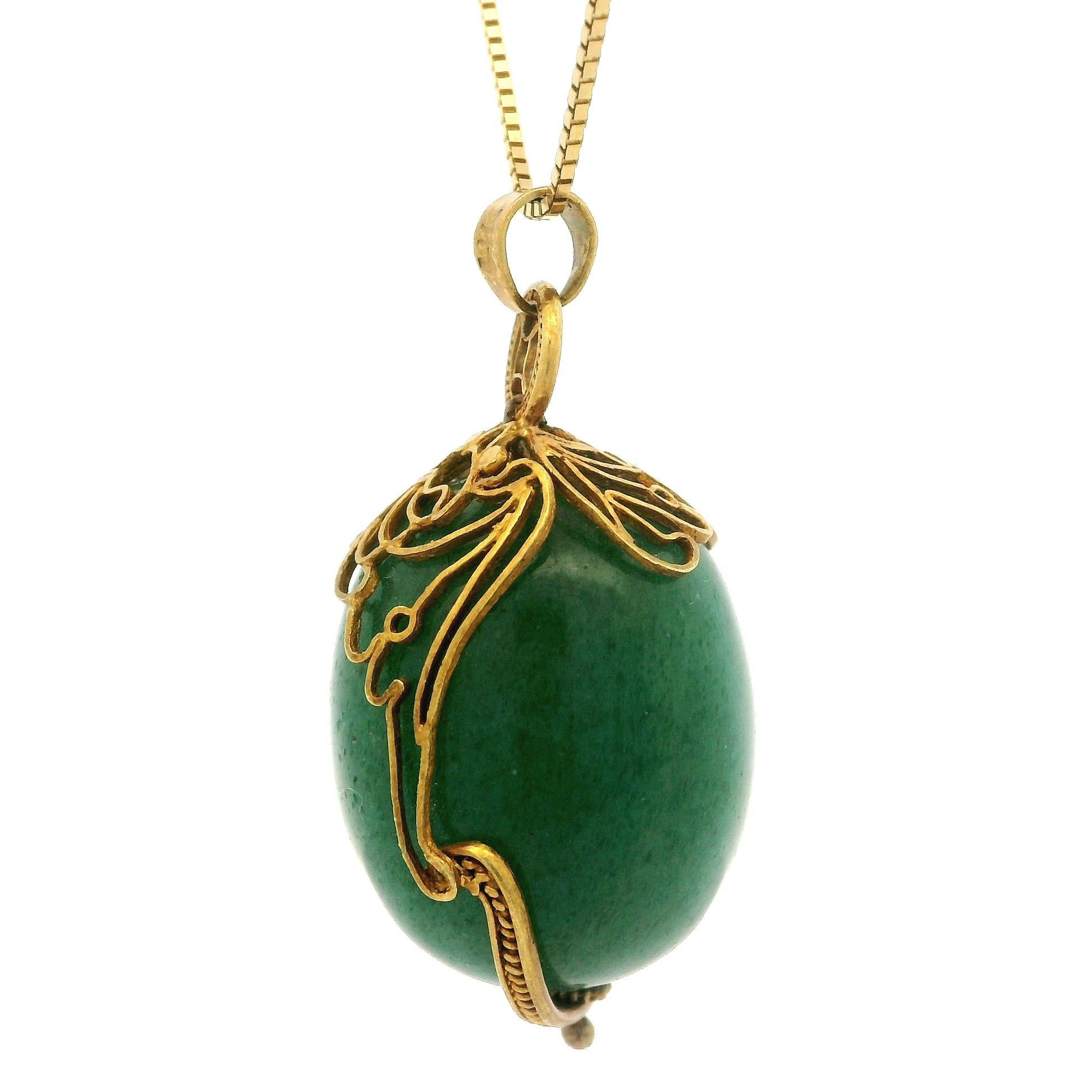 Vintage Handmade 14k Gelbgold große Aventurin gewickelt Ei Anhänger Halskette (Cabochon) im Angebot