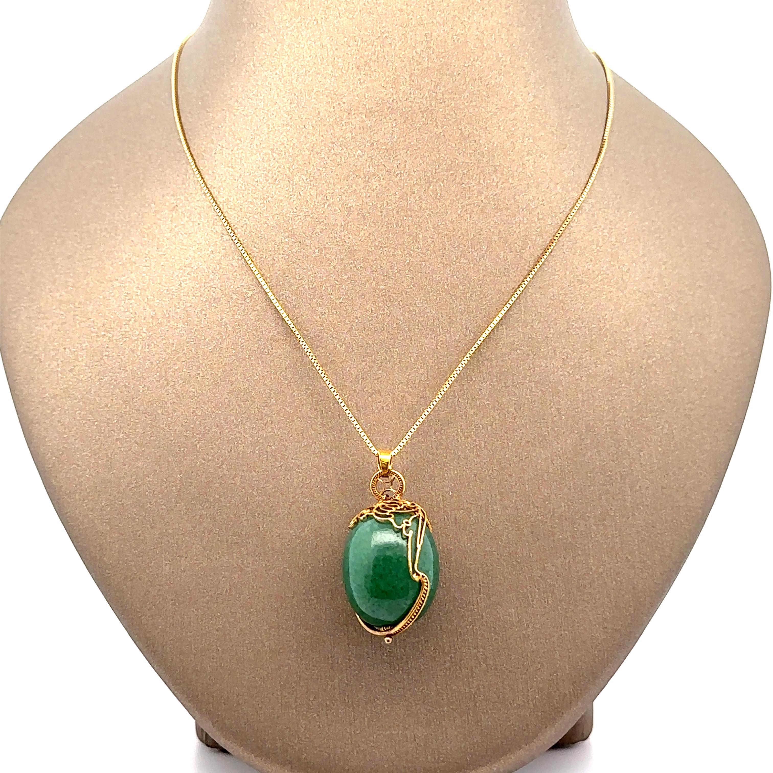 Vintage Handmade 14k Gelbgold große Aventurin gewickelt Ei Anhänger Halskette im Angebot 3