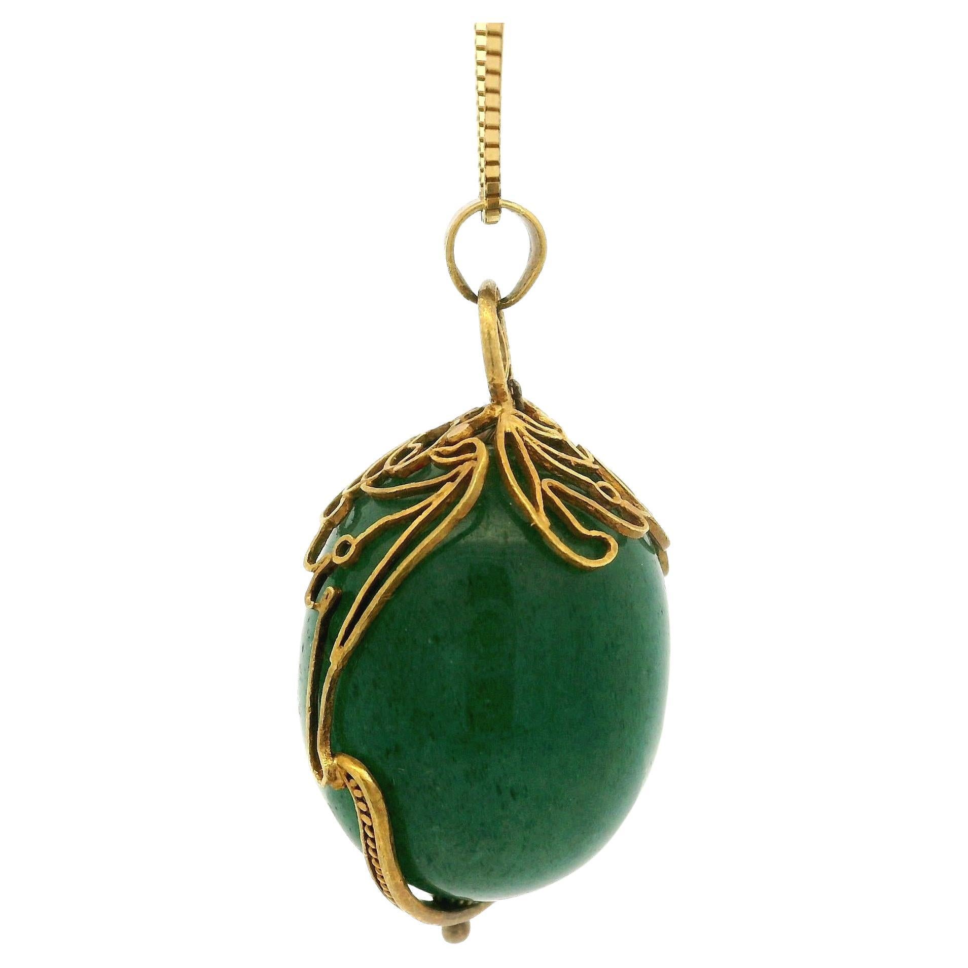 Collana con ciondolo a forma di uovo avvolto in avventurina grande, vintage, fatta a mano in oro giallo 14 carati
