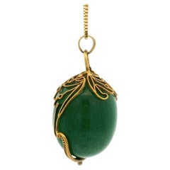 Collana con ciondolo a forma di uovo avvolto in avventurina grande, vintage, fatta a mano in oro giallo 14 carati