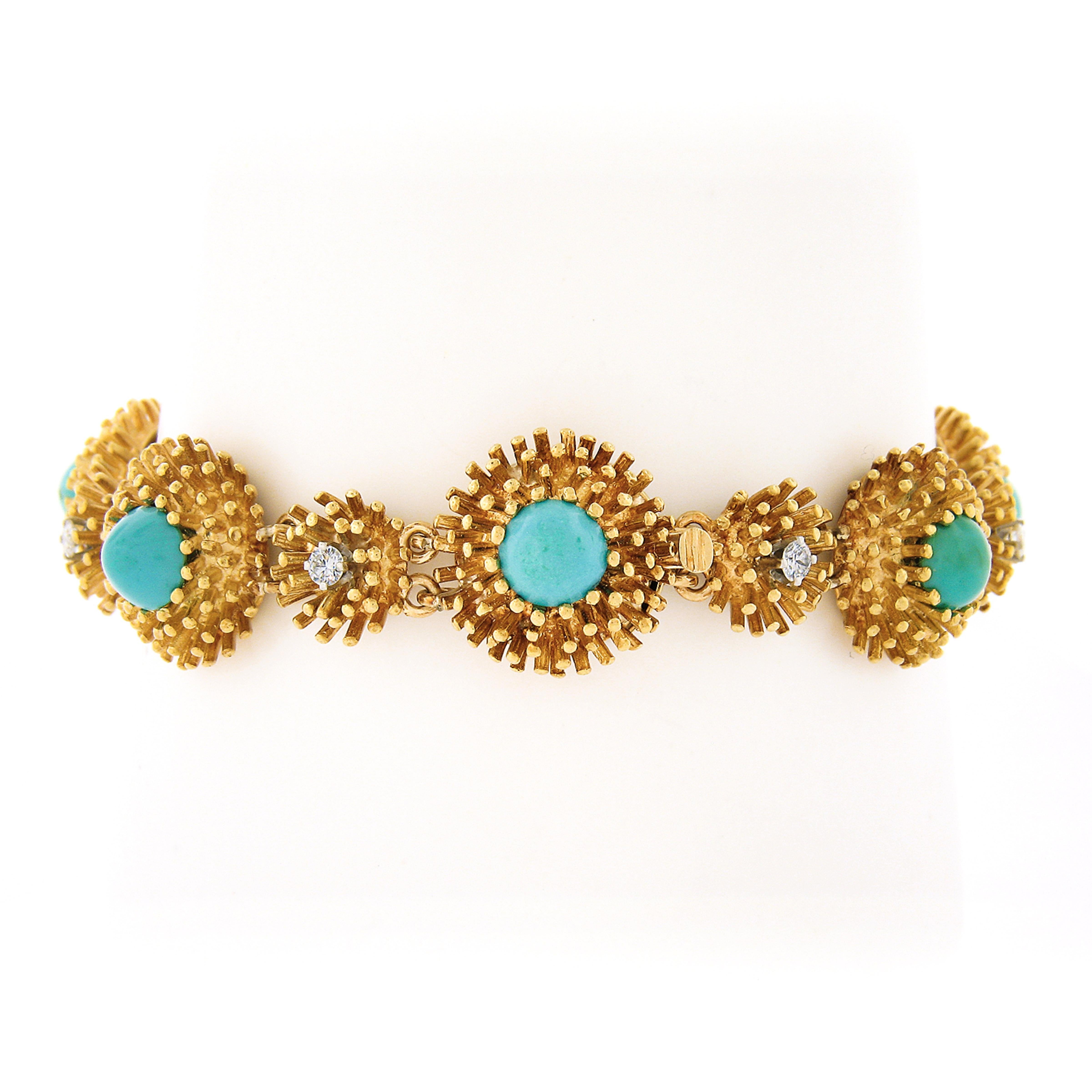 Here we have a breathtaking, handmade, vintage statement bracelet crafted in solid 18k yellow gold and features very fine and highly detailed craftsmanship and is set with approximaltey 0.45 carats of top quality diamonds and turquoise stones