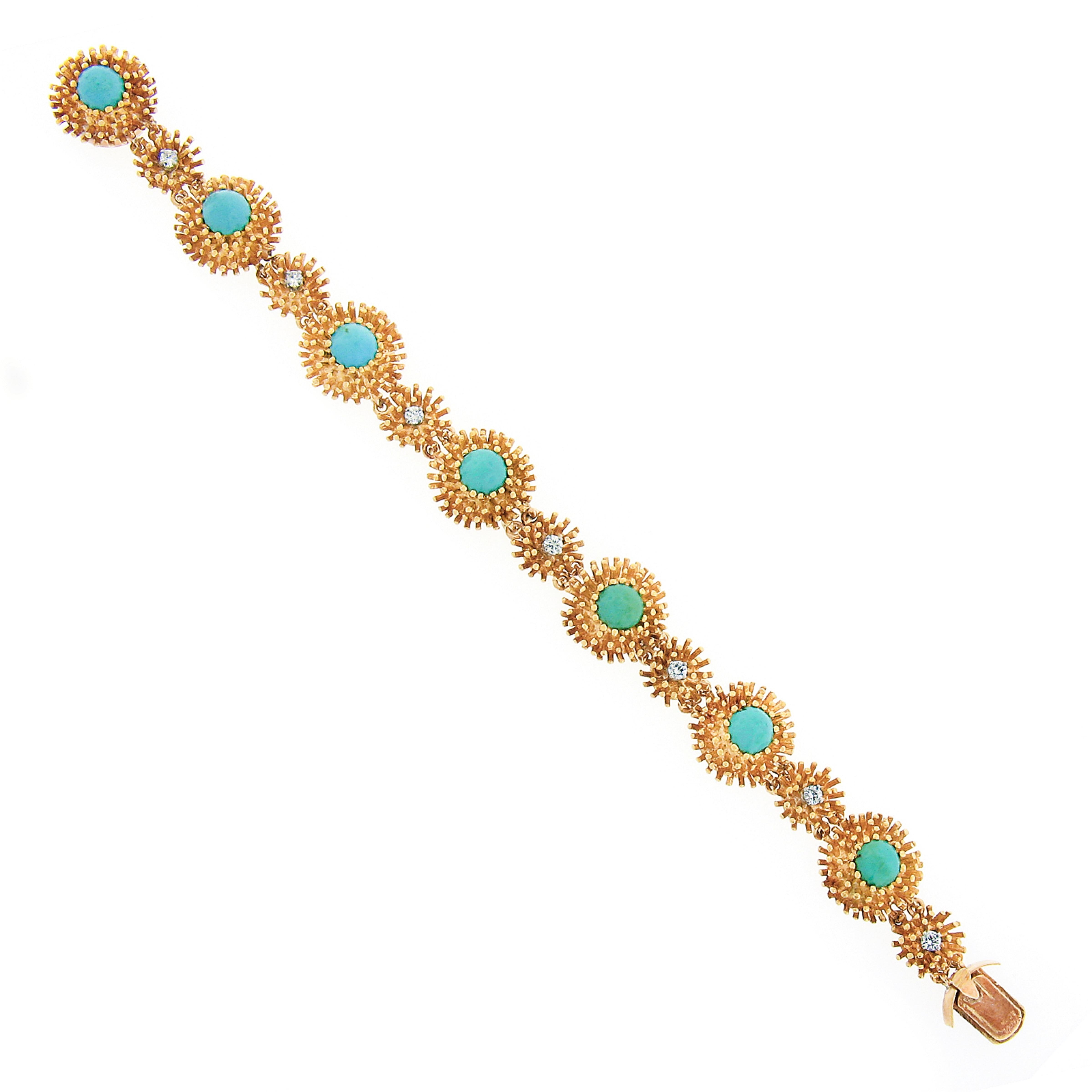 Round Cut Vintage Handmade 18k Gold .45ct Diamond & Turquoise Textured Domed Link Bracelet For Sale