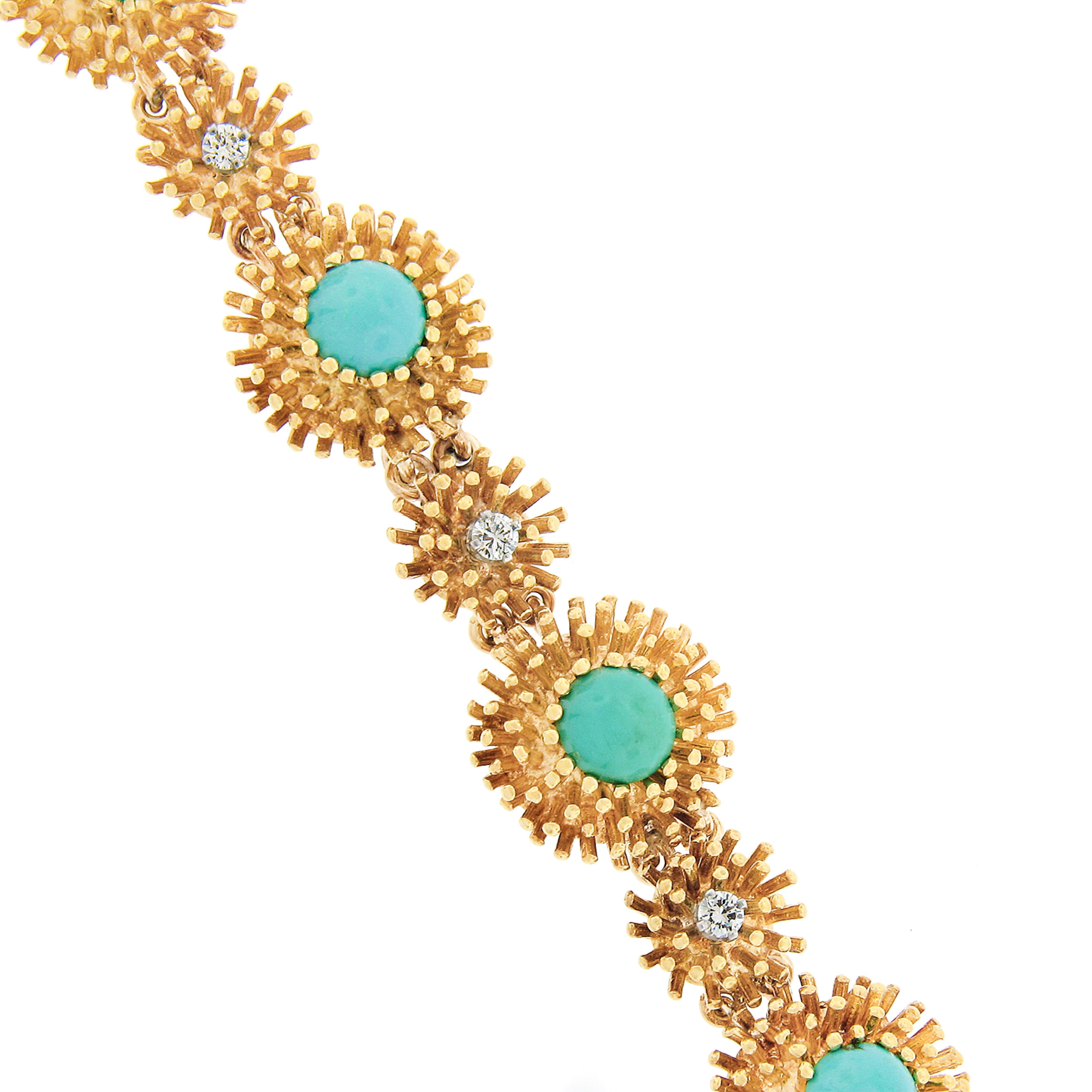 Vintage Handmade 18k Gold .45ct Diamond & Turquoise Textured Domed Link Bracelet In Good Condition For Sale In Montclair, NJ