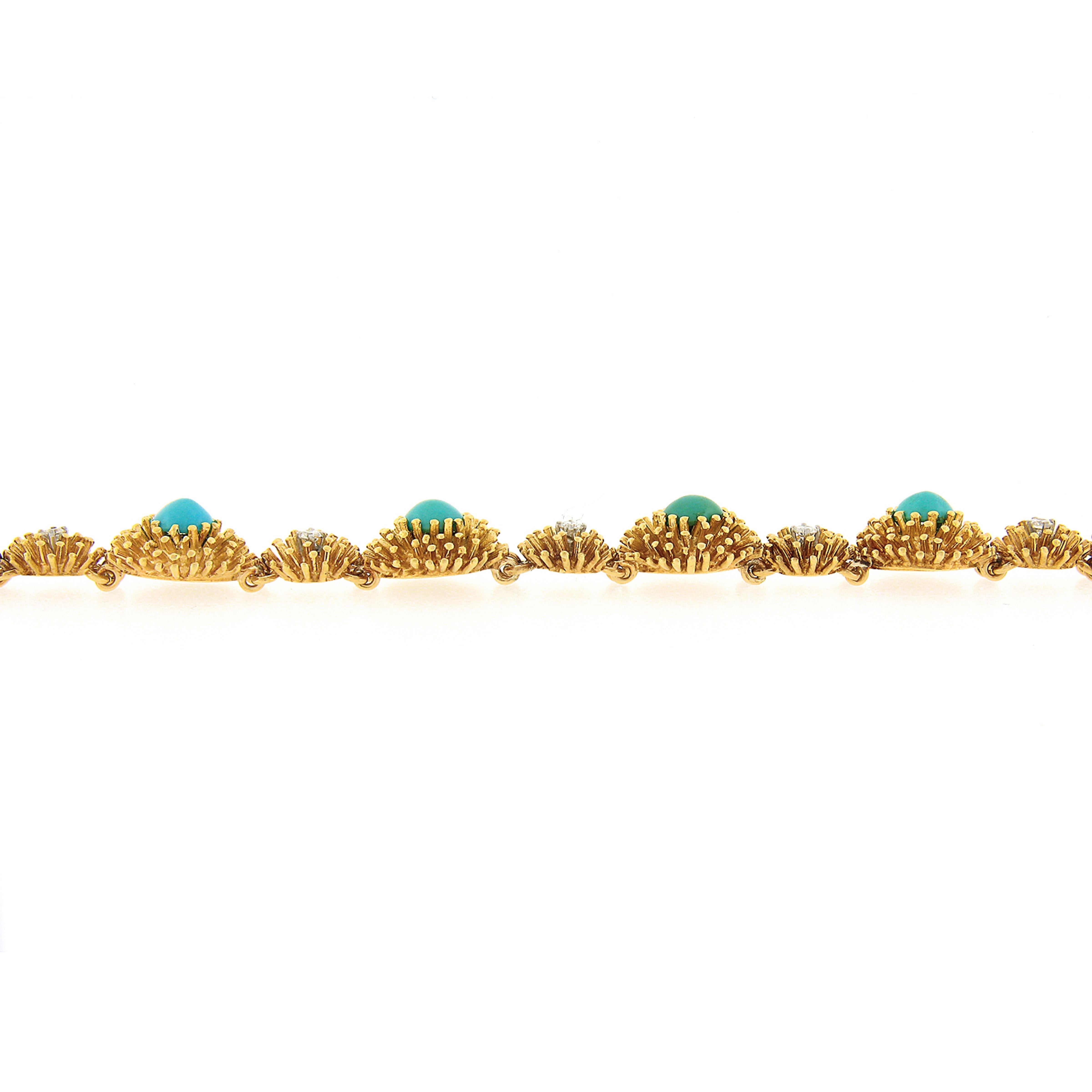 Vintage Handmade 18k Gold .45ct Diamond & Turquoise Textured Domed Link Bracelet For Sale 1