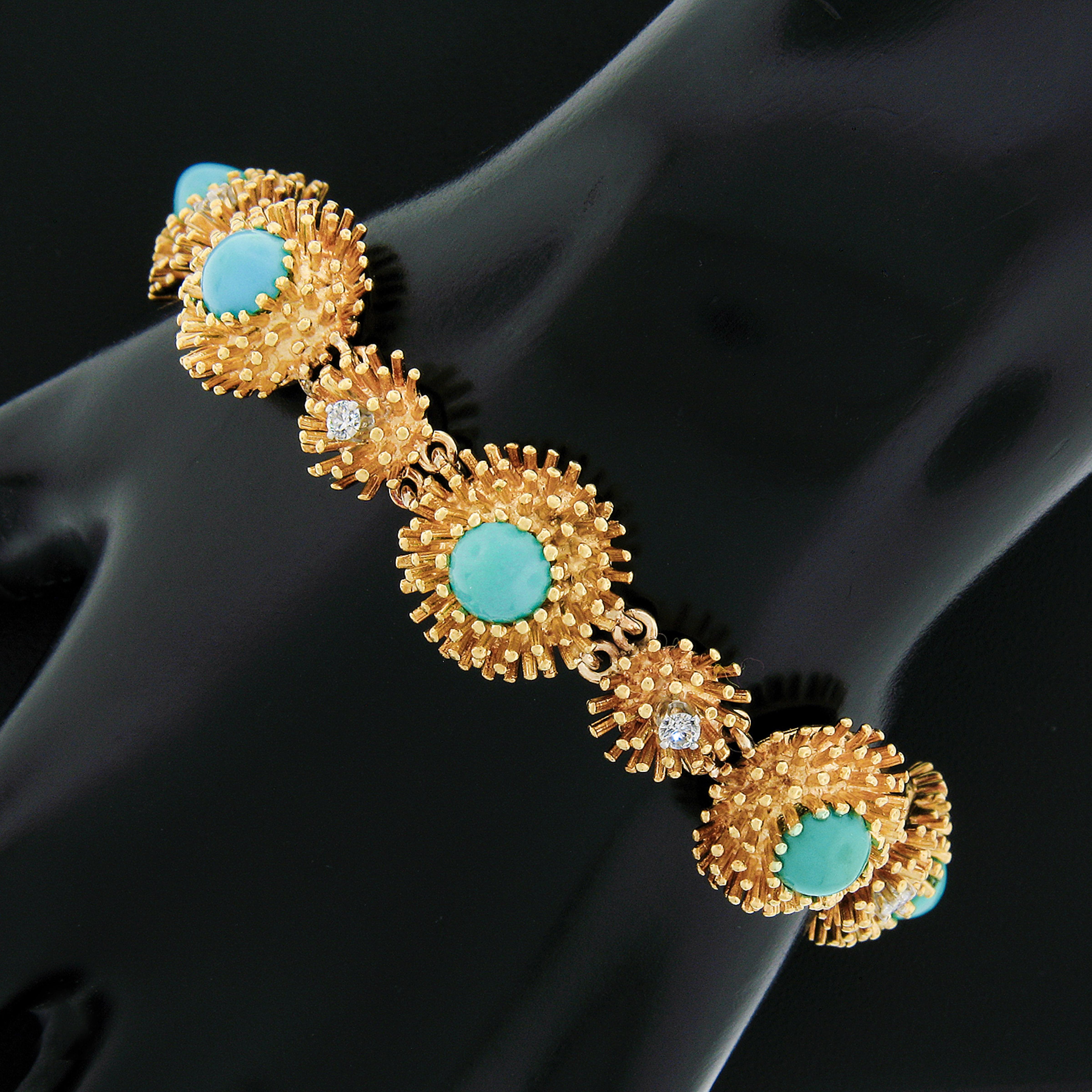 Vintage Handmade 18k Gold .45ct Diamond & Turquoise Textured Domed Link Bracelet For Sale 2