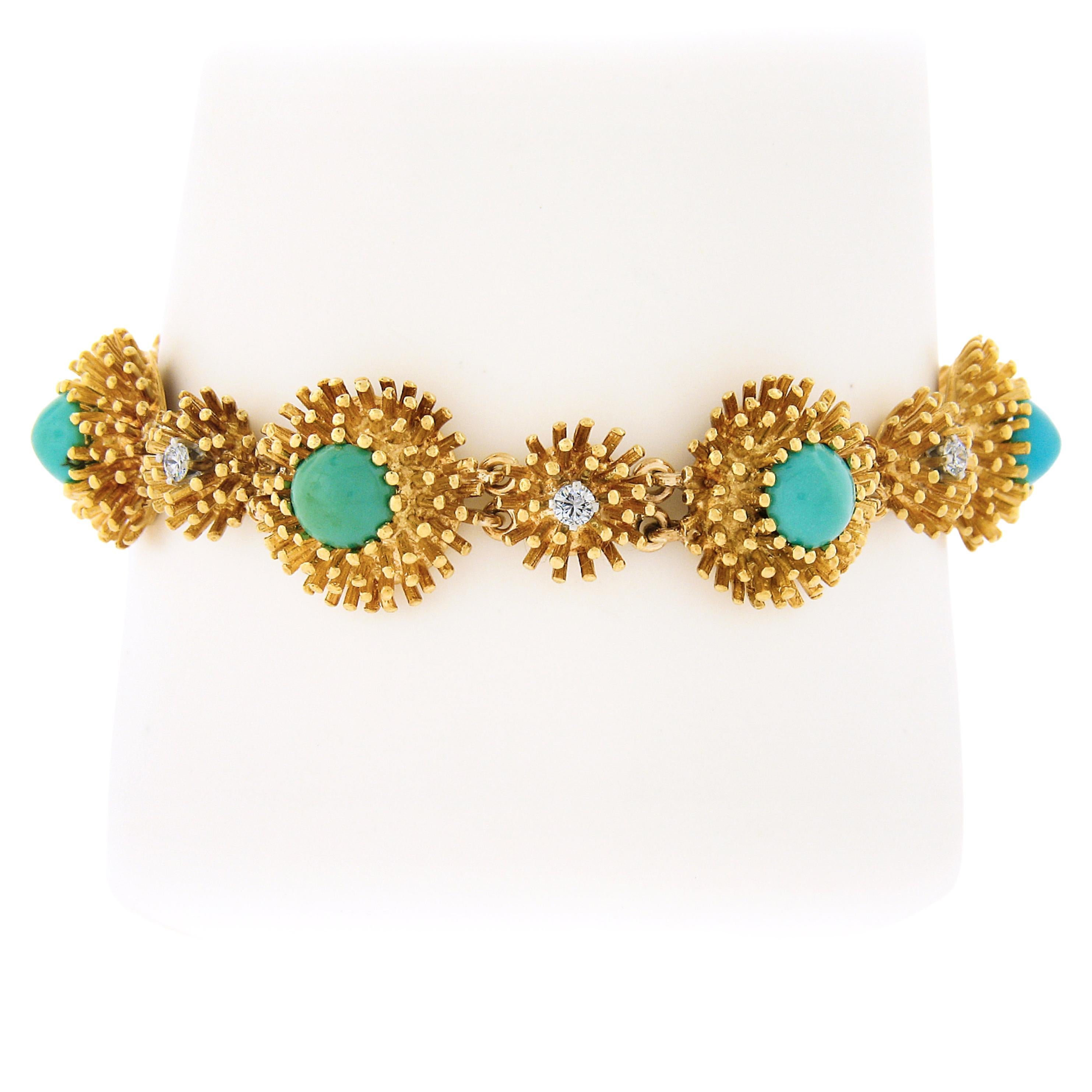 Bracelet à maillons en forme de dôme en or 18 carats texturé avec diamants 0,45 carat et turquoise, fait à la main