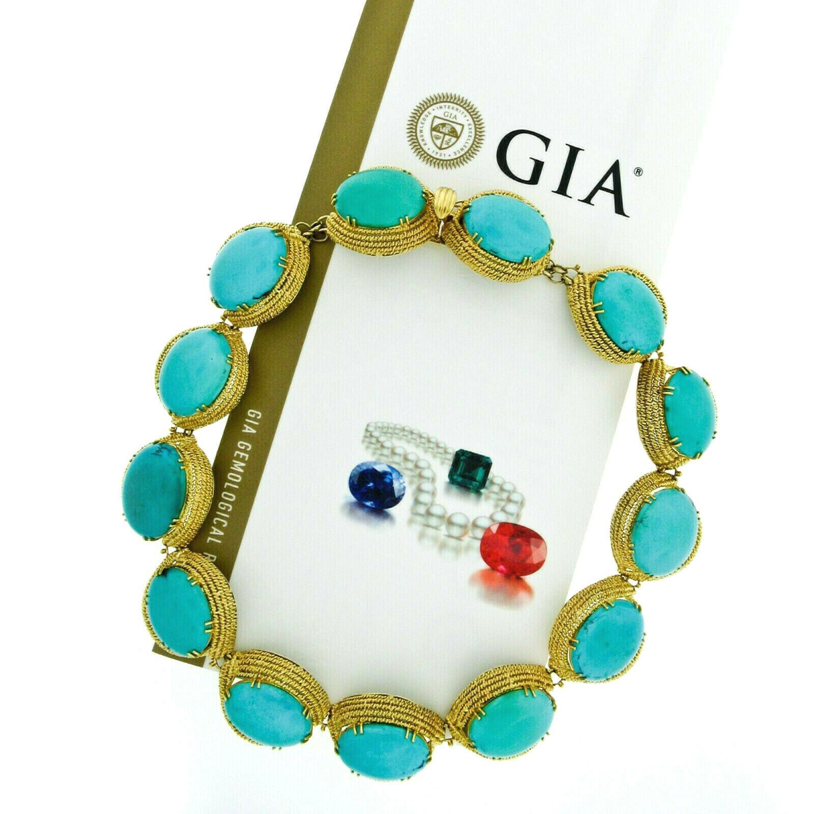 Vintage Handmade 18k Gold GIA Large 200ctw Cabochon Turquoise Statement Necklace In Good Condition In Montclair, NJ