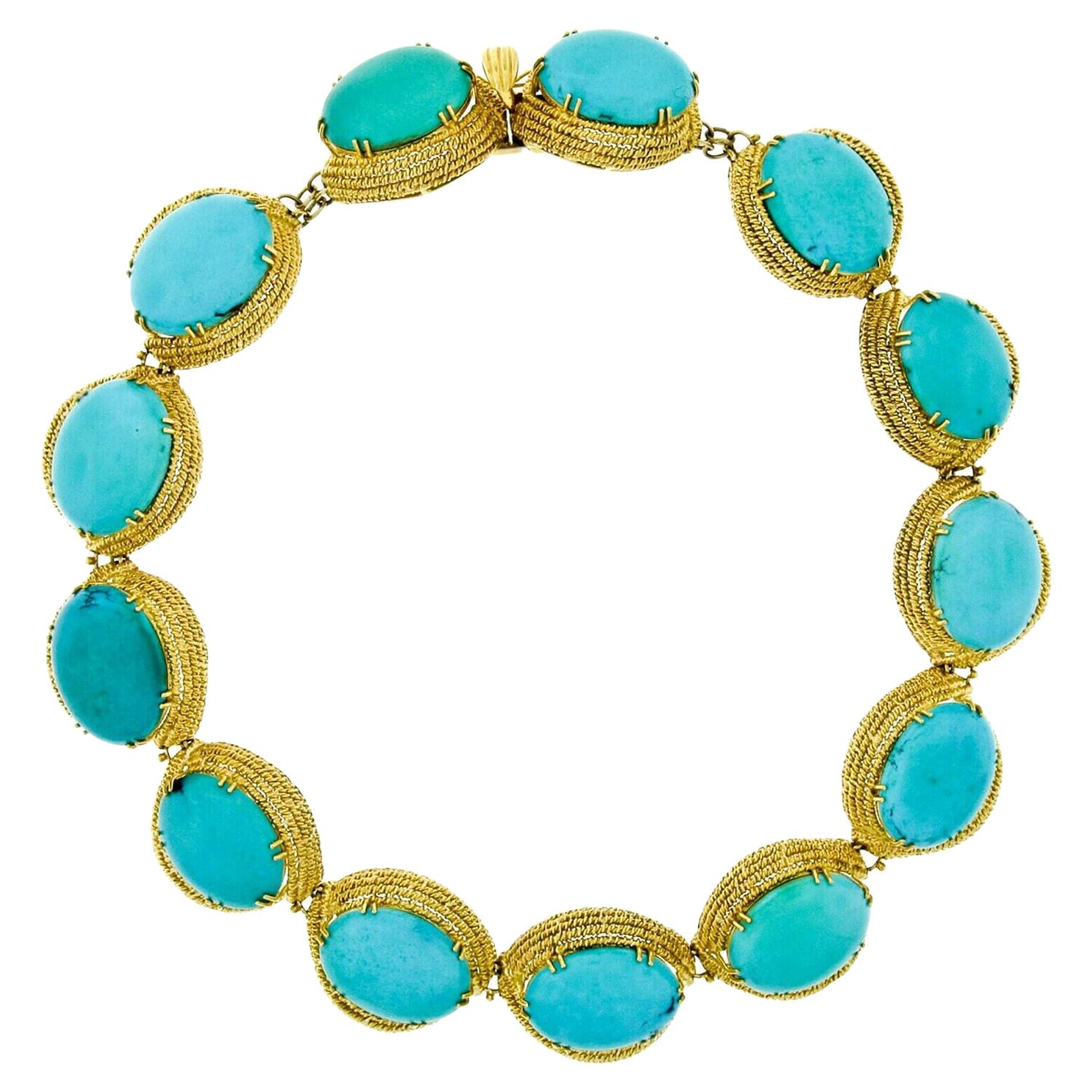Vintage Handmade 18k Gold GIA Large 200ctw Cabochon Turquoise Statement Necklace