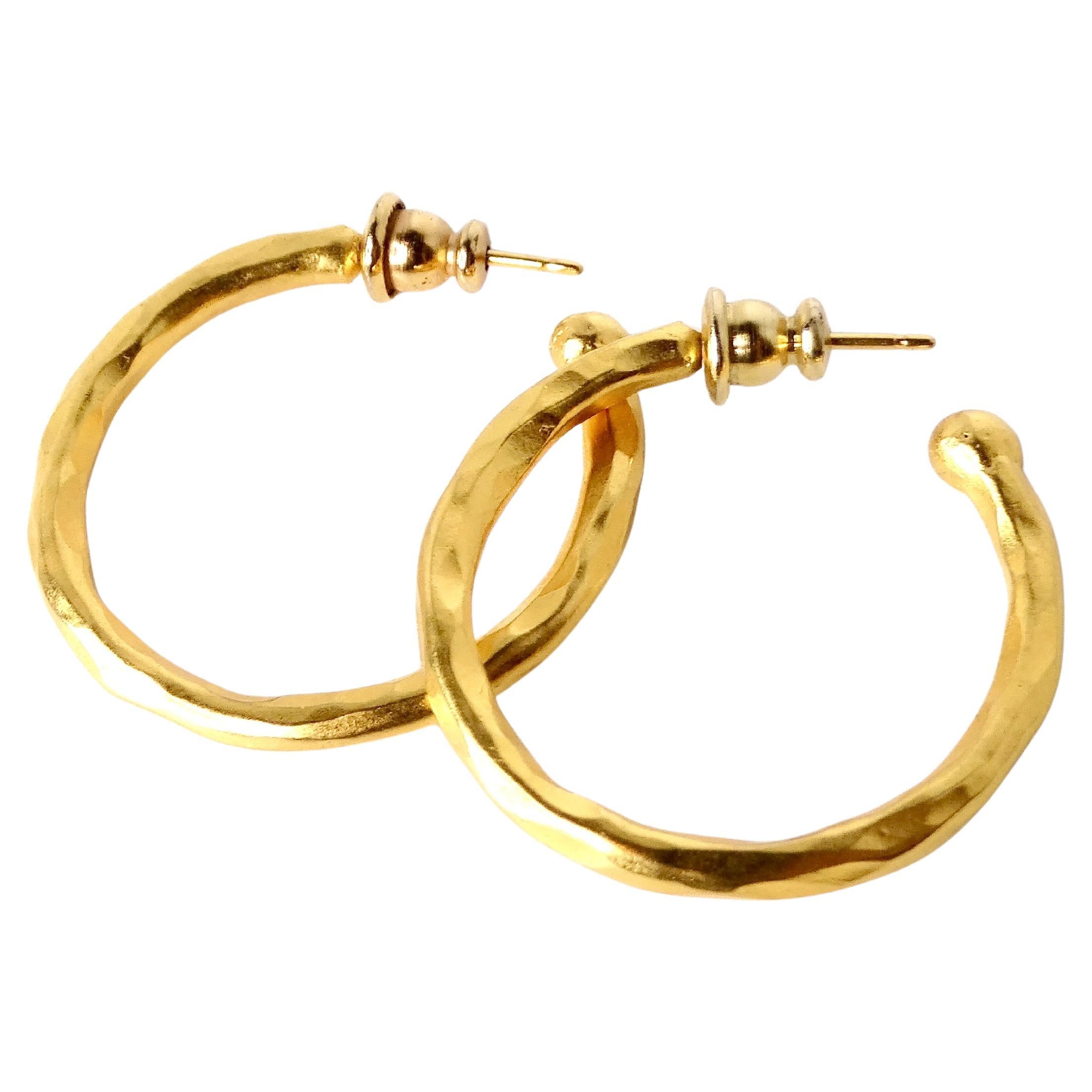 Vintage Handmade 18k Gold Plated Hammered Hoop Earrings