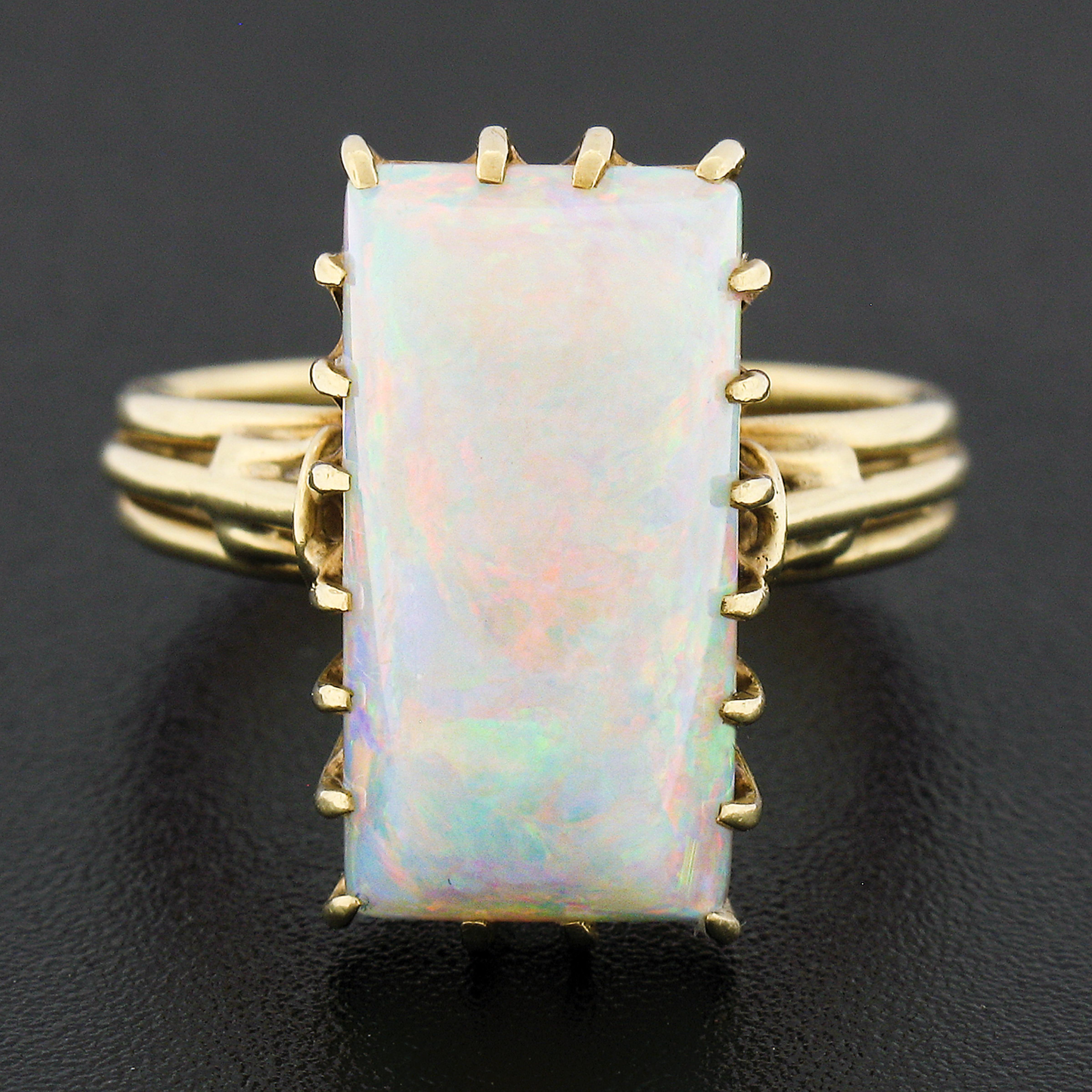 Retro Vintage Handmade 18k Gold Rectangular Cabochon Cut Opal Solitaire Cocktail Ring For Sale