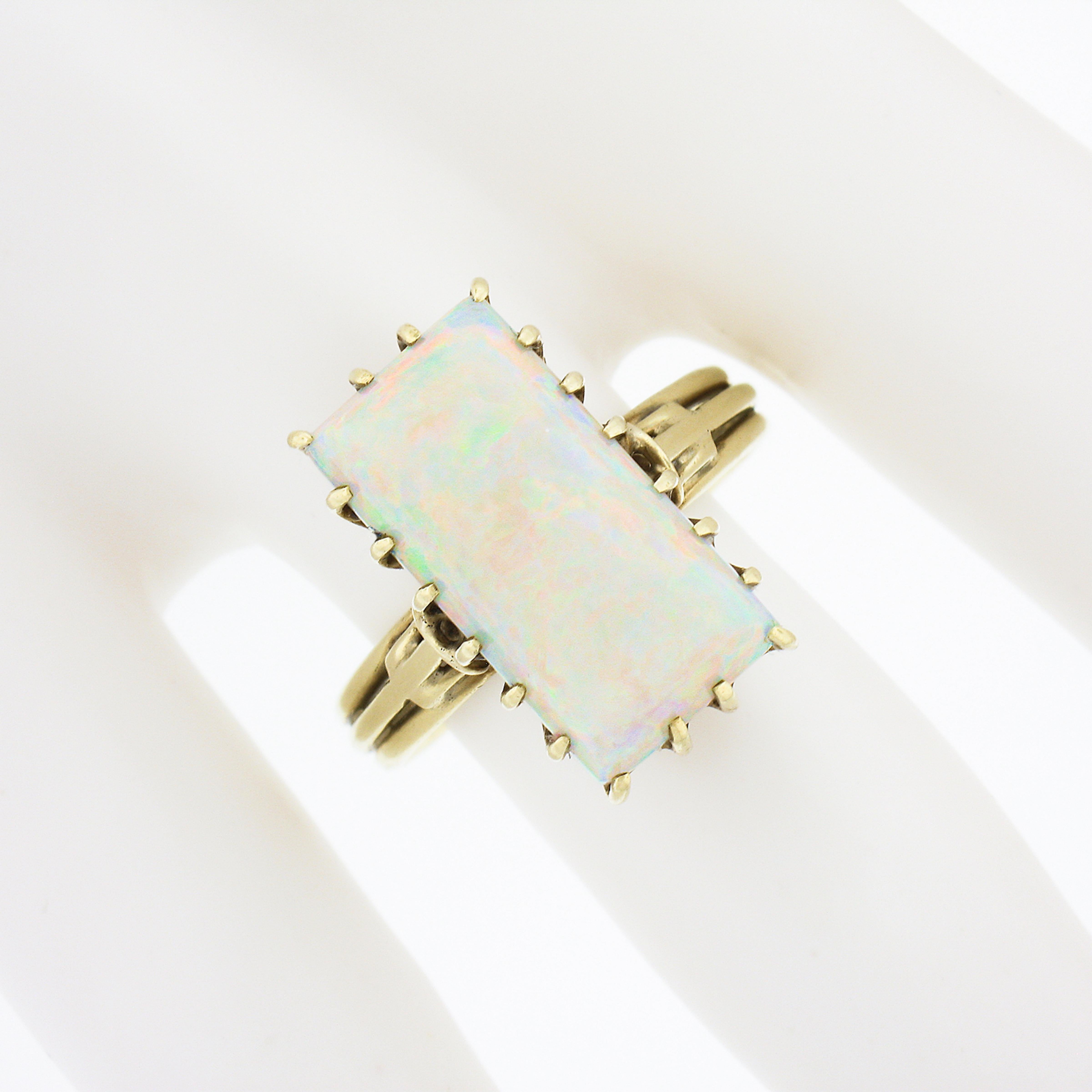 Vintage Handmade 18k Gold Rectangular Cabochon Cut Opal Solitaire Cocktail Ring In Good Condition For Sale In Montclair, NJ