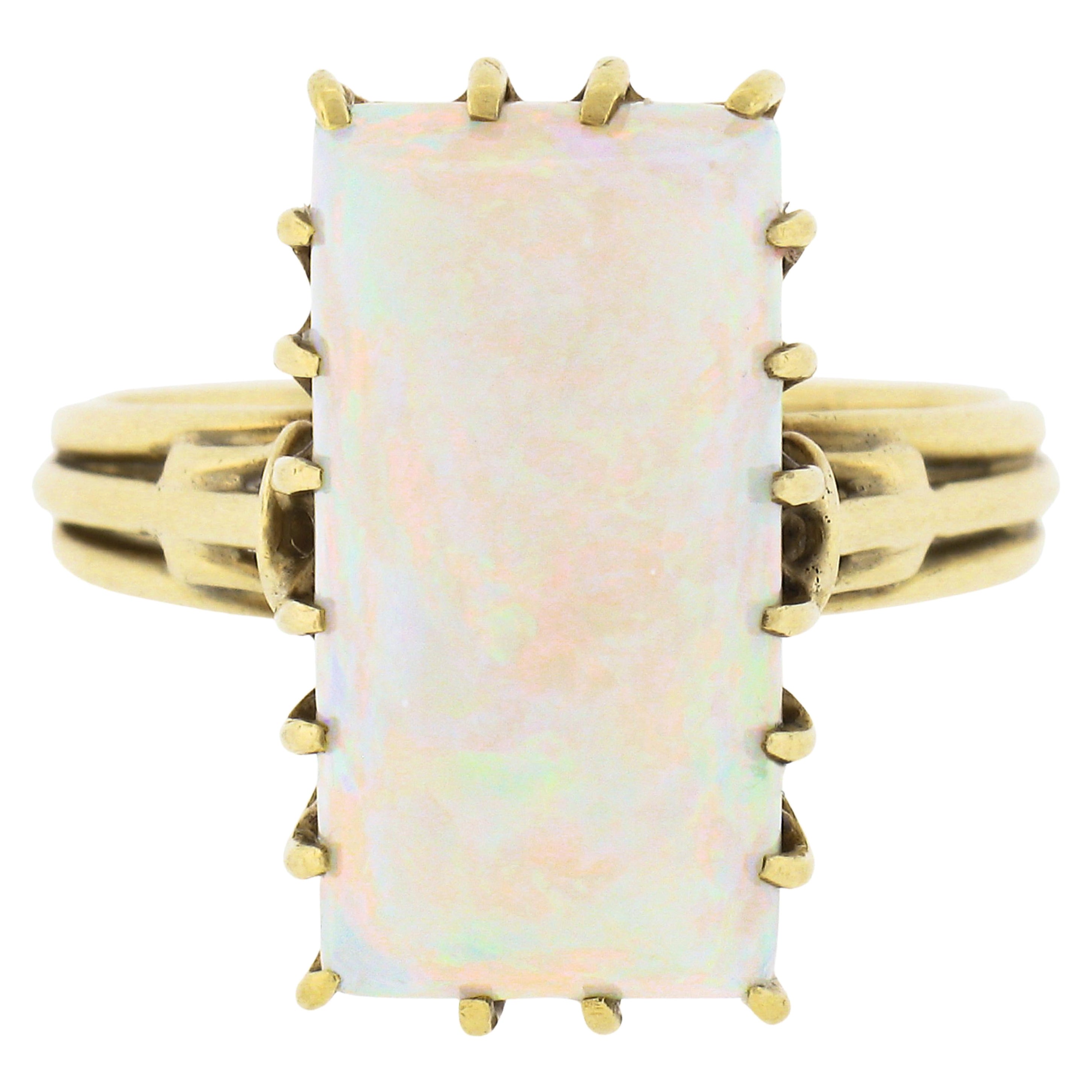 Vintage Handmade 18k Gold Rectangular Cabochon Cut Opal Solitaire Cocktail Ring