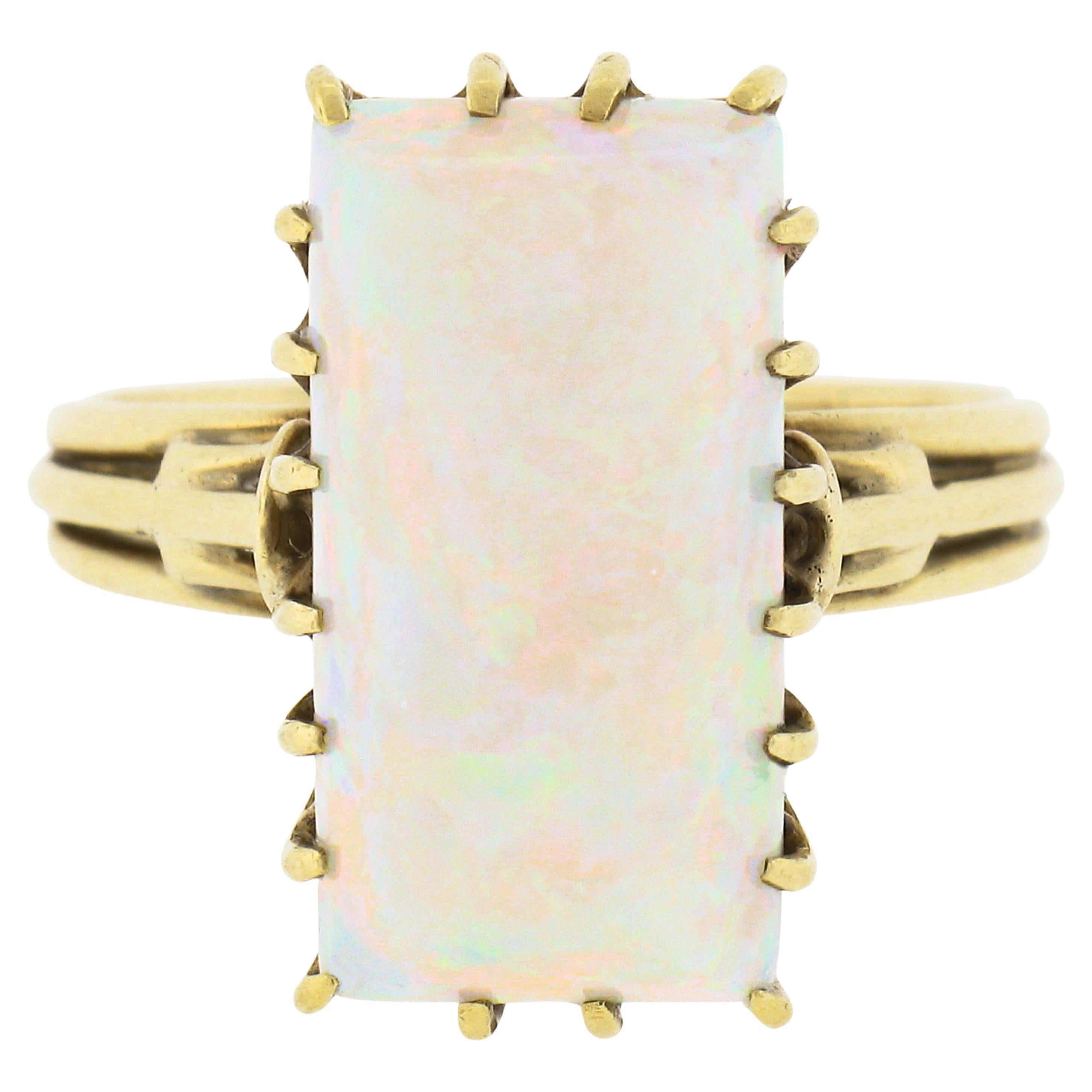 Vintage Handmade 18k Gold Rectangular Cabochon Cut Opal Solitaire Cocktail Ring For Sale