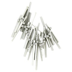 Vintage Handmade 18k White Gold Matte Polished Bar Diamond Modernist Brooch Pin