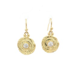 Vintage Handmade 18k Yellow Gold Bezel Diamond Freeform Coin Drop Earrings