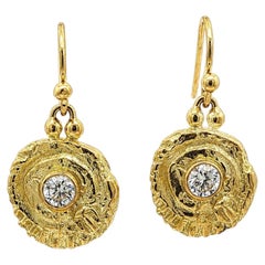 Vintage Handmade 18k Yellow Gold Bezel Diamond Freeform Coin Drop Earrings