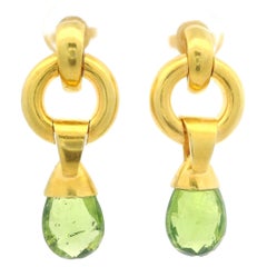 Vintage Handmade 18k Yellow Gold Briolette Peridot Dangle Drop Swinging Earring