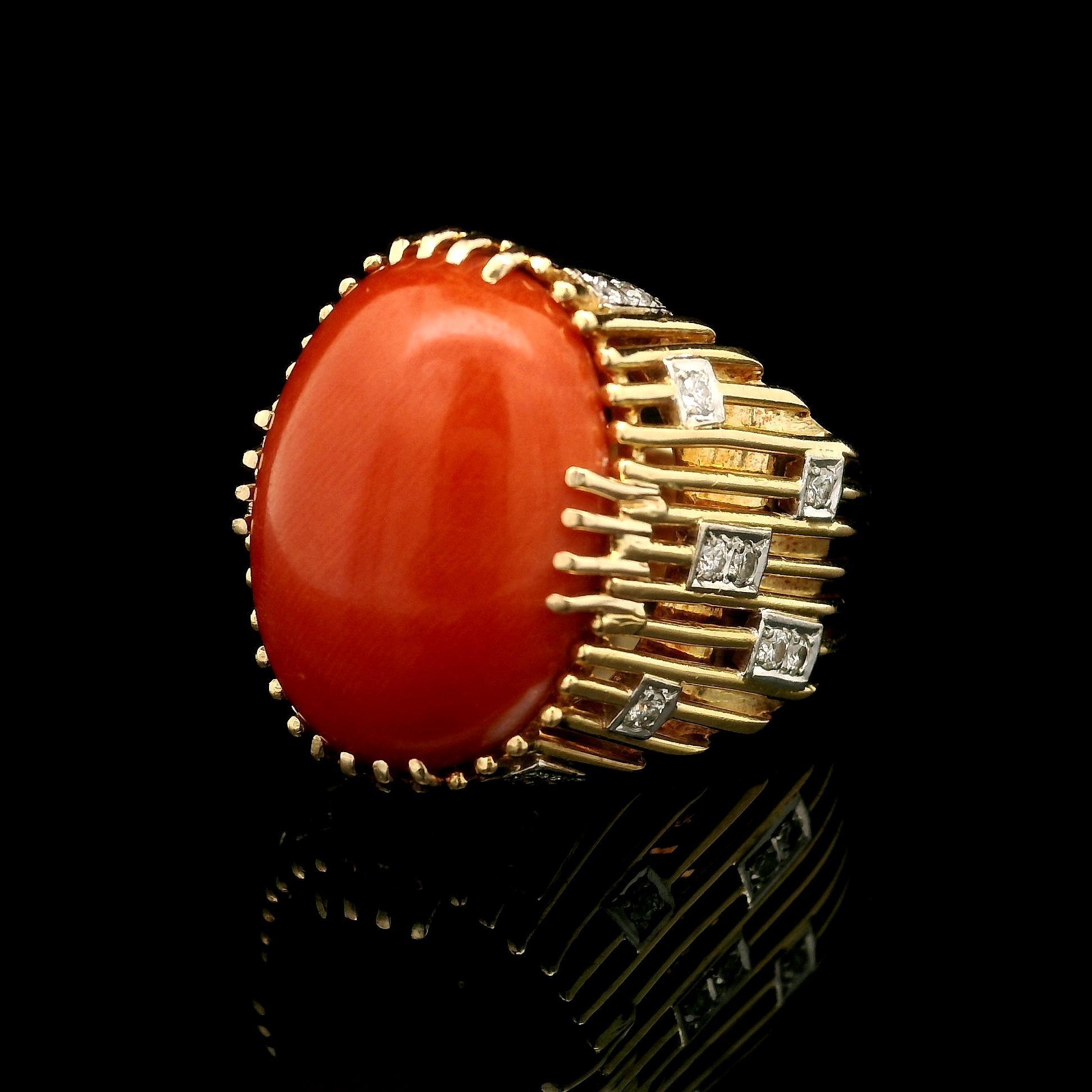 Vintage Handmade 18k Gelbgold Koralle & Diamant Draht trug Cocktail Ring im Angebot 5