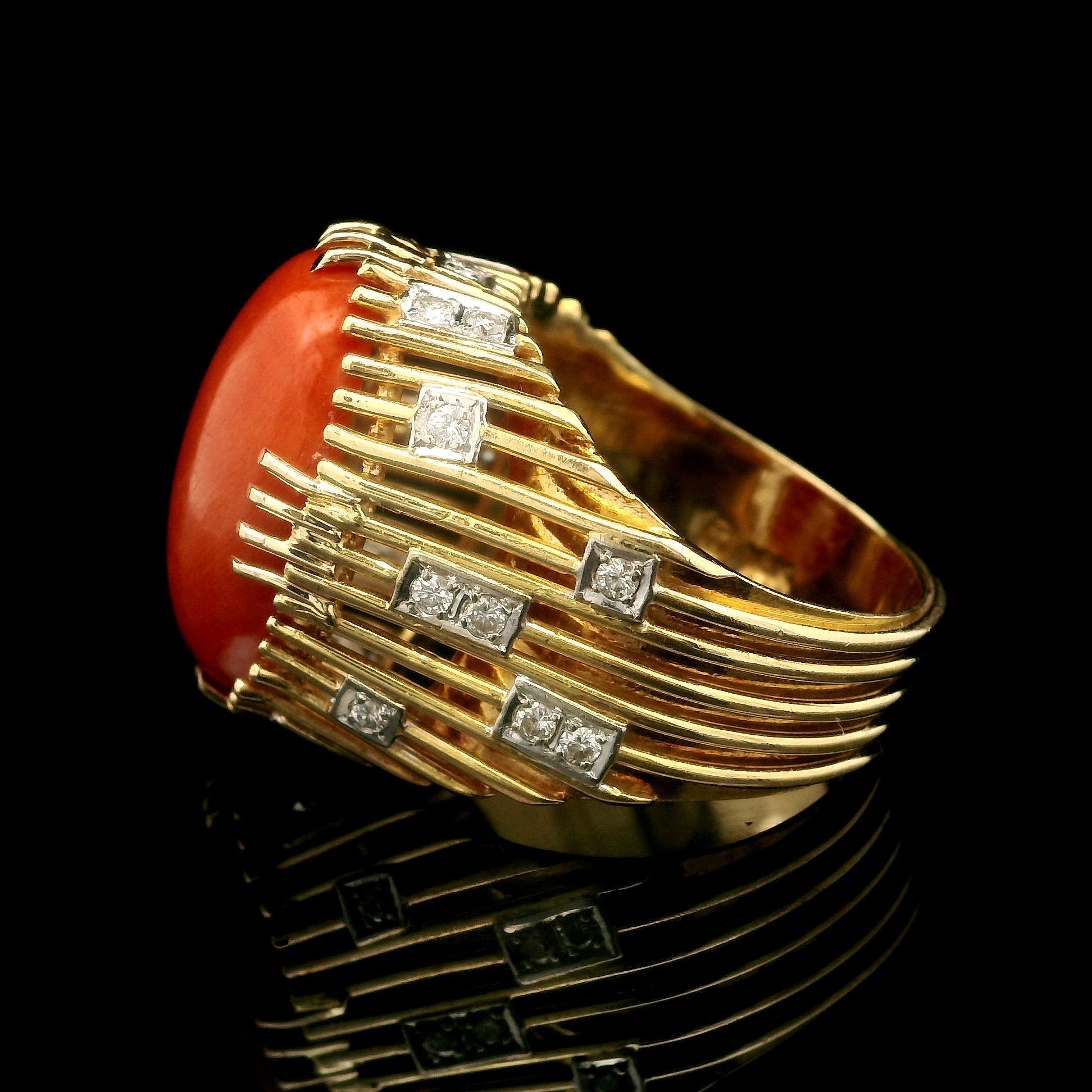 Vintage Handmade 18k Gelbgold Koralle & Diamant Draht trug Cocktail Ring im Angebot 6