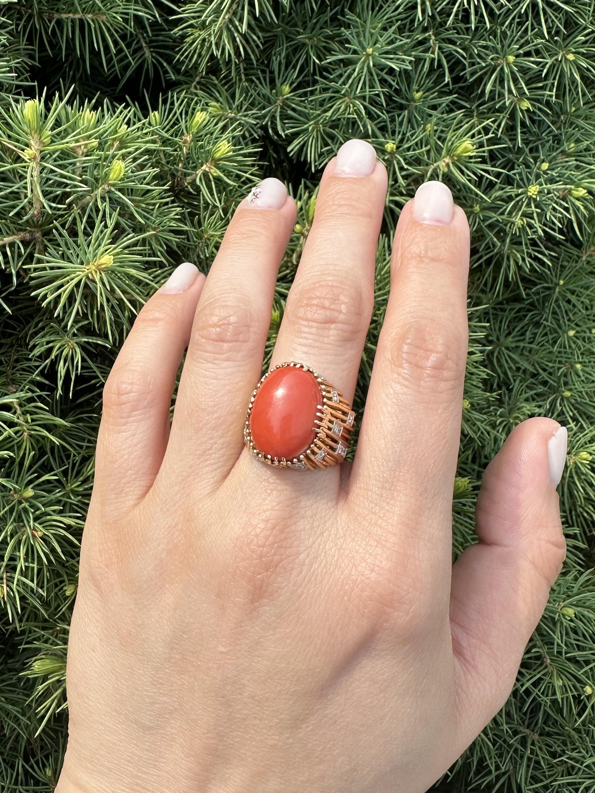 Vintage Handmade 18k Gelbgold Koralle & Diamant Draht trug Cocktail Ring im Angebot 10