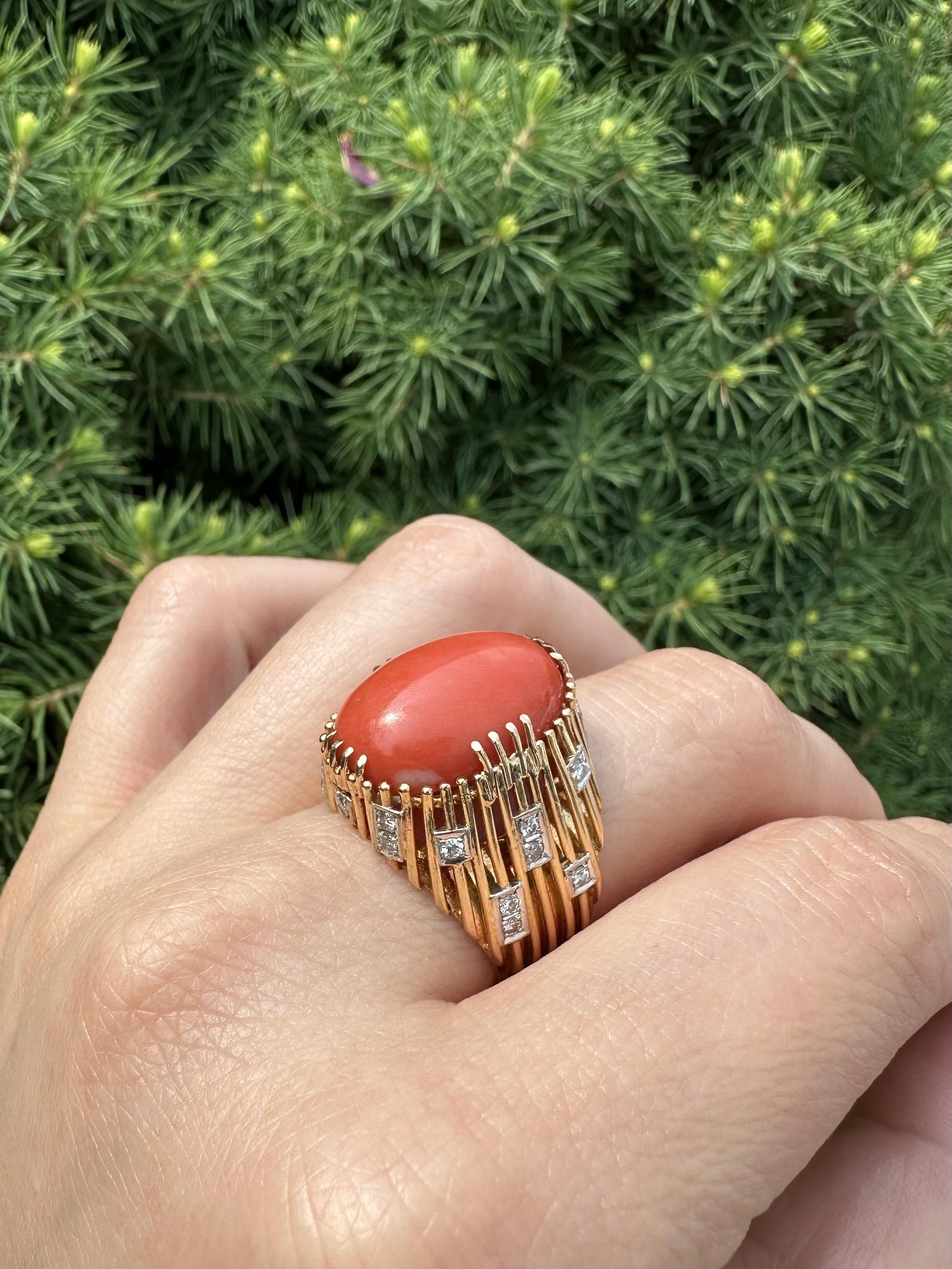 Vintage Handmade 18k Gelbgold Koralle & Diamant Draht trug Cocktail Ring im Angebot 11