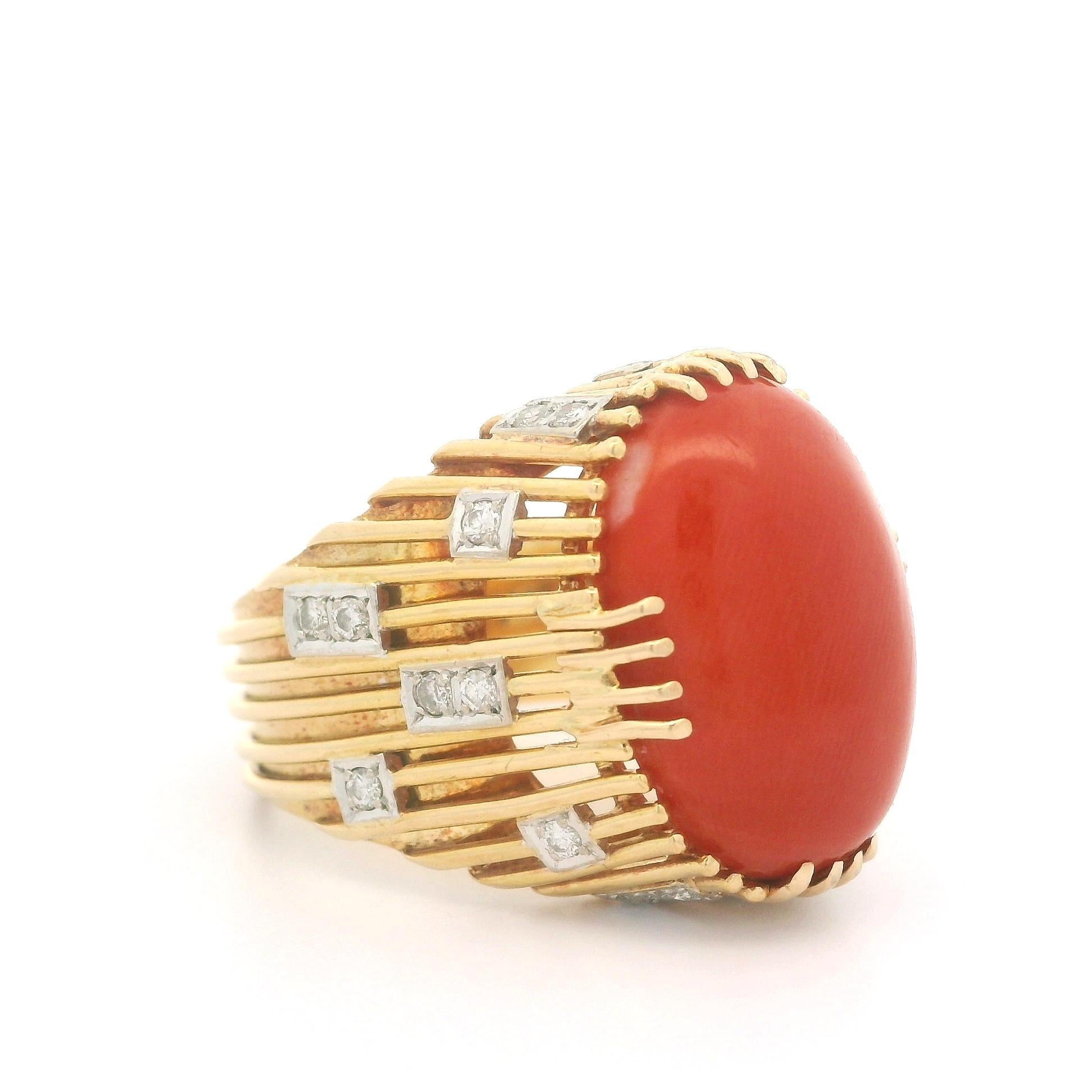 Vintage Handmade 18k Gelbgold Koralle & Diamant Draht trug Cocktail Ring im Angebot 12
