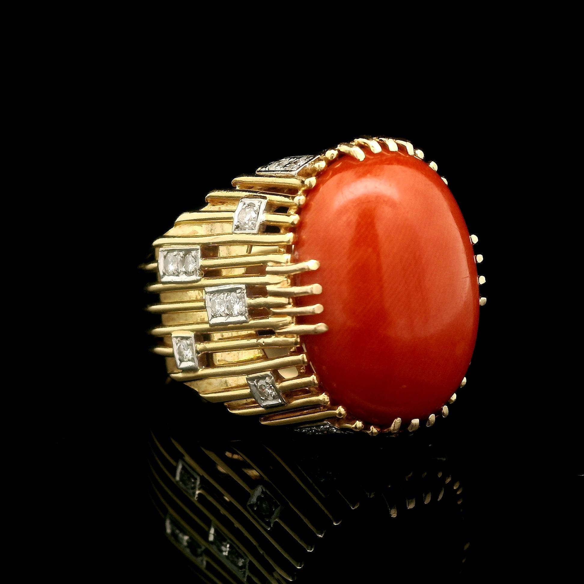 Vintage Handmade 18k Gelbgold Koralle & Diamant Draht trug Cocktail Ring im Angebot 13