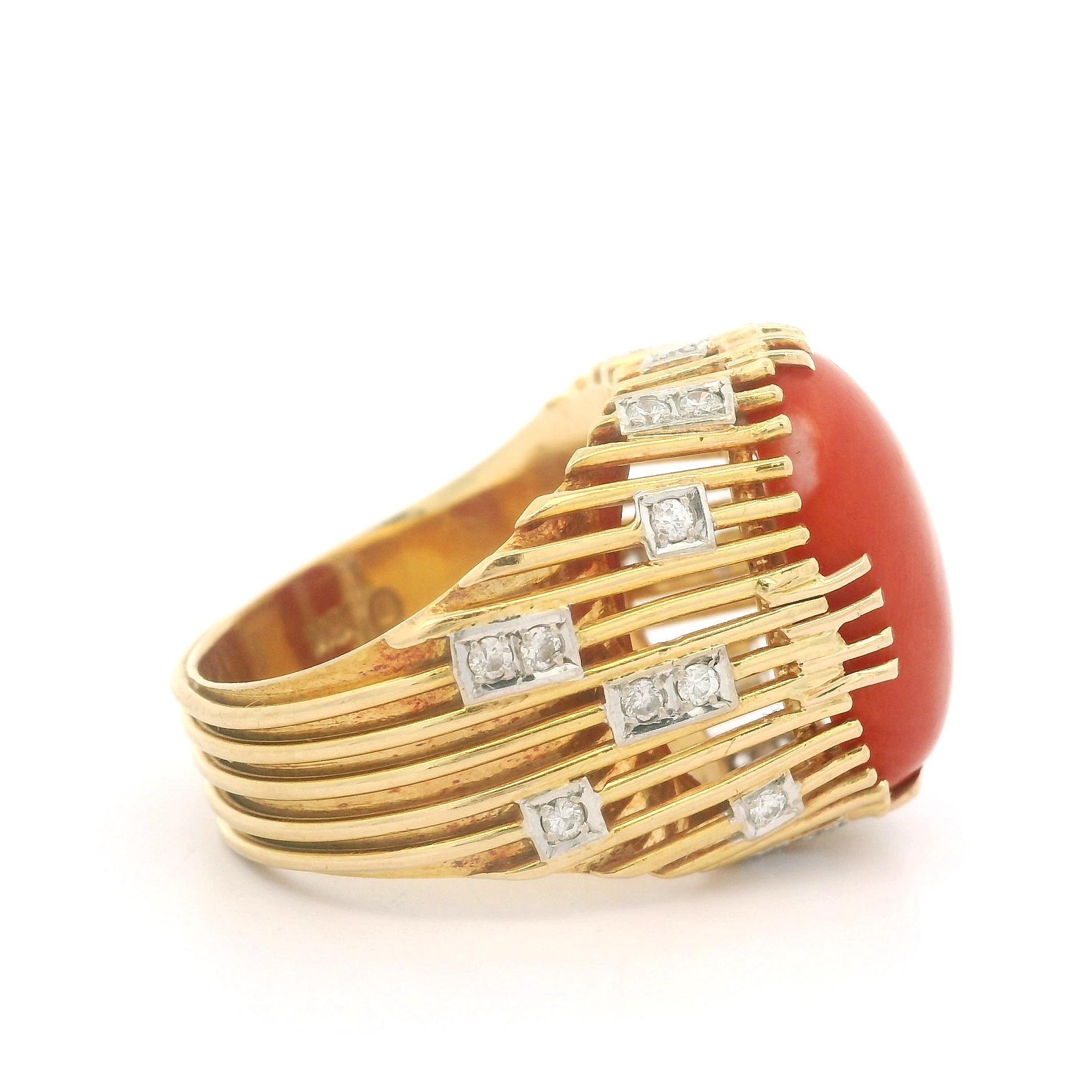 --Stone(s):--
(1) Natural Genuine Coral - Oval Cabochon Cut - Prong Set - Very Nice Deep Reddish Orange Color -  18.6x12.8mm (approx.)
(24) Natural Genuine Diamonds - Round Brilliant Cut - Pave Set - Nice Brilliant White Color -  0.30ctw