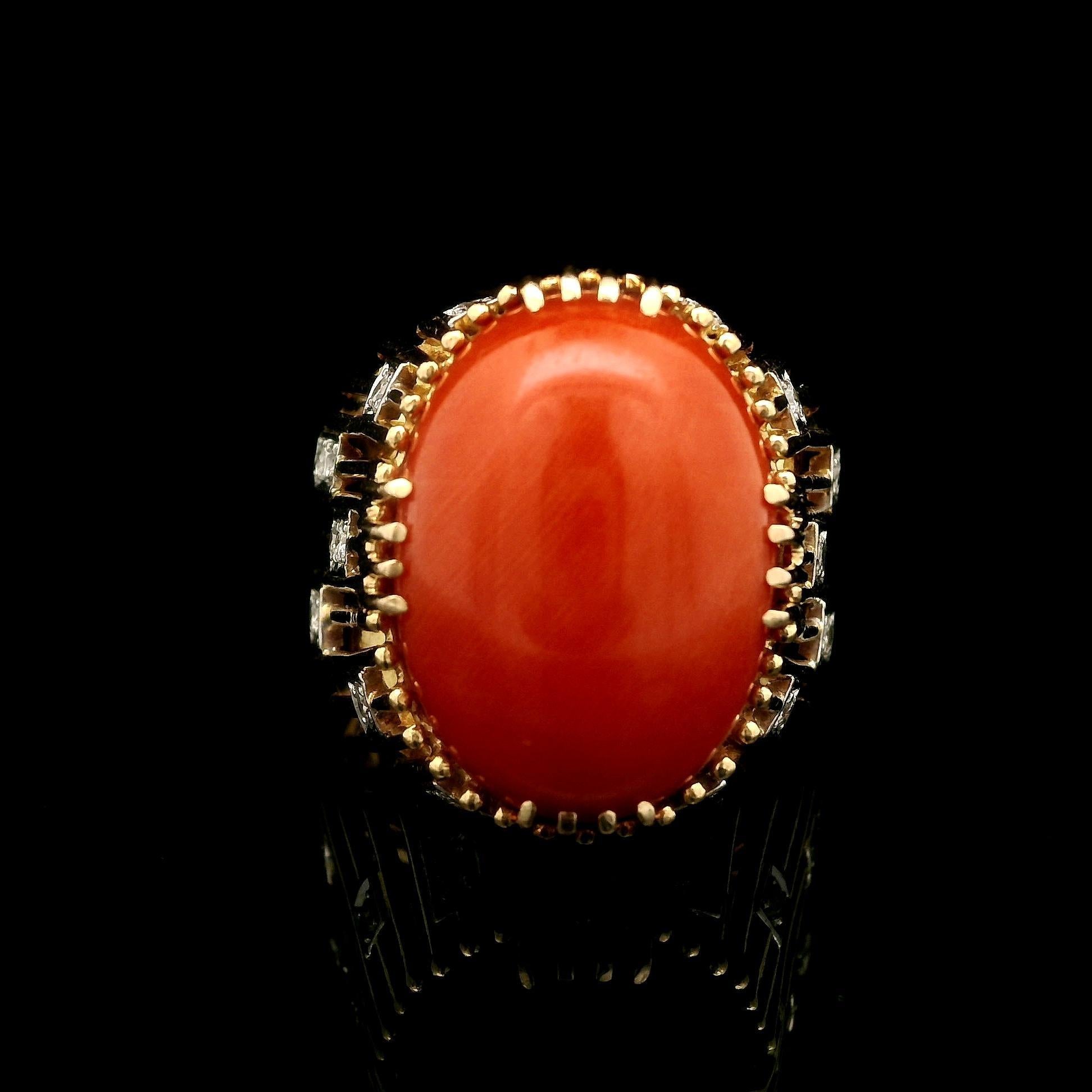 Vintage Handmade 18k Gelbgold Koralle & Diamant Draht trug Cocktail Ring im Angebot 2