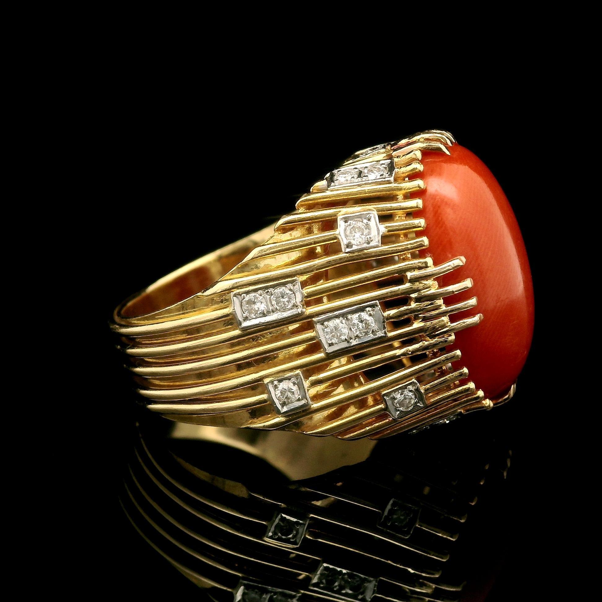 Vintage Handmade 18k Gelbgold Koralle & Diamant Draht trug Cocktail Ring im Angebot 3