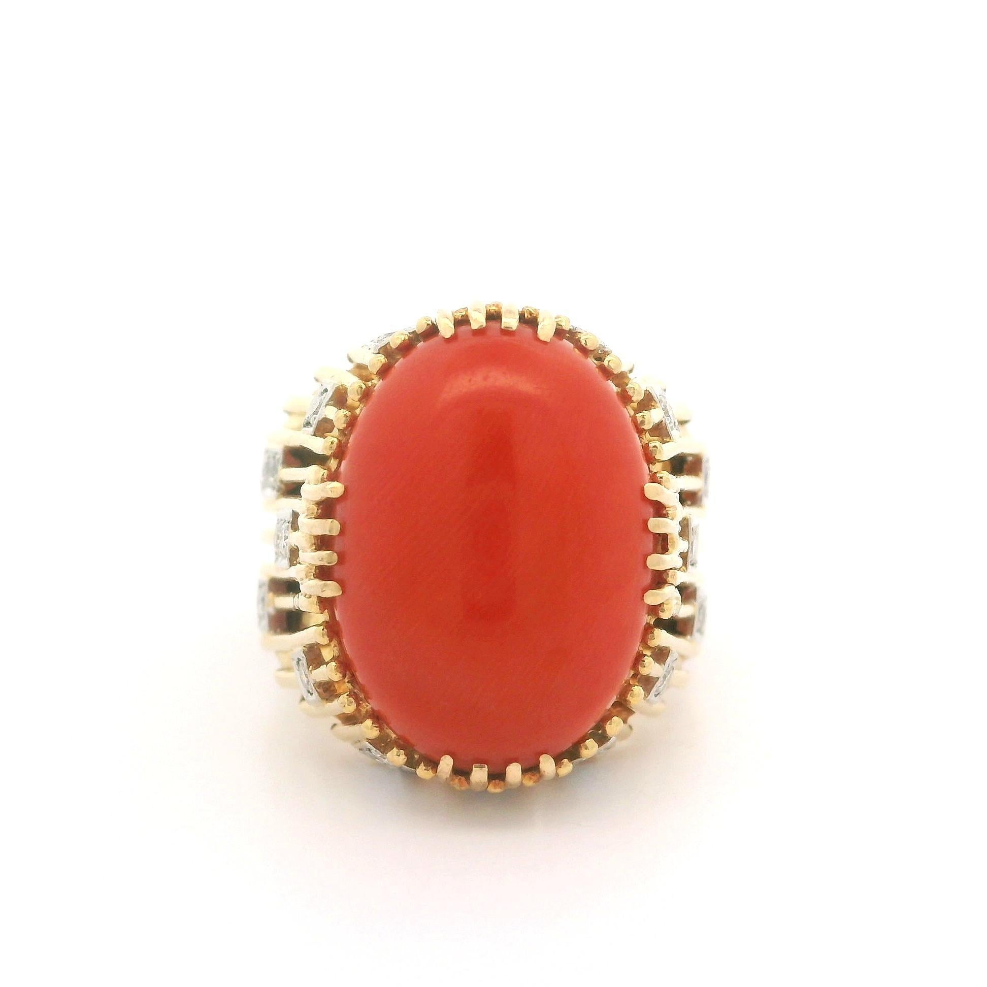 Vintage Handmade 18k Gelbgold Koralle & Diamant Draht trug Cocktail Ring im Angebot 4
