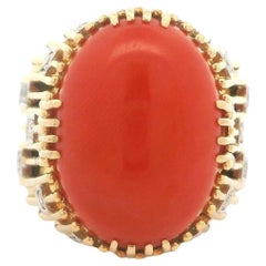 Vintage Handmade 18k Yellow Gold Coral & Diamond Wire Wore Cocktail Ring