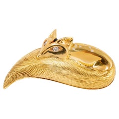 Vintage Handmade 18K Yellow Gold Diamond Eyes Black Enamel Fox Brooch