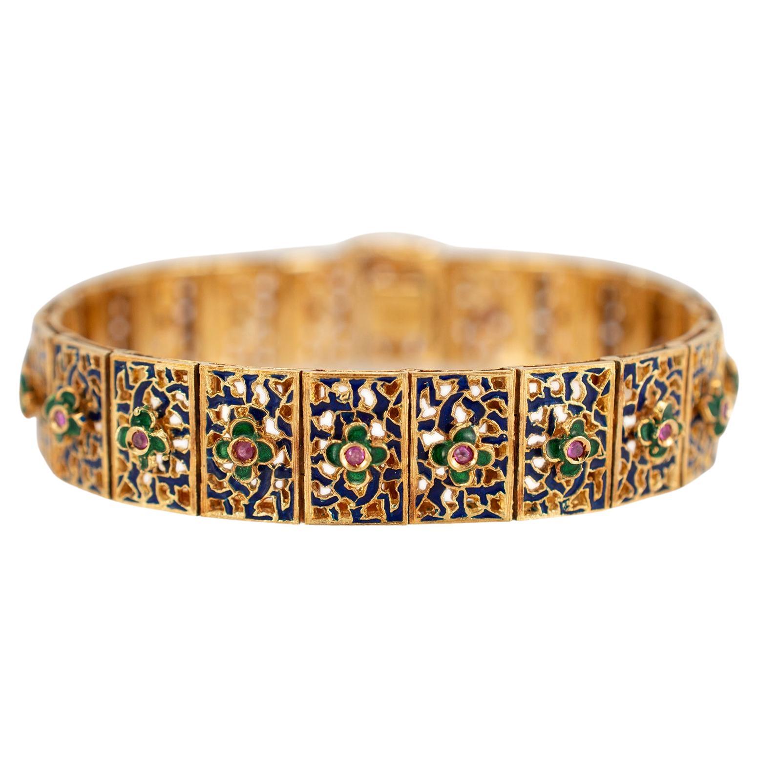 Vintage Handmade 18K Yellow Gold Ruby Flower Blue & Green Enamel Link Bracelet